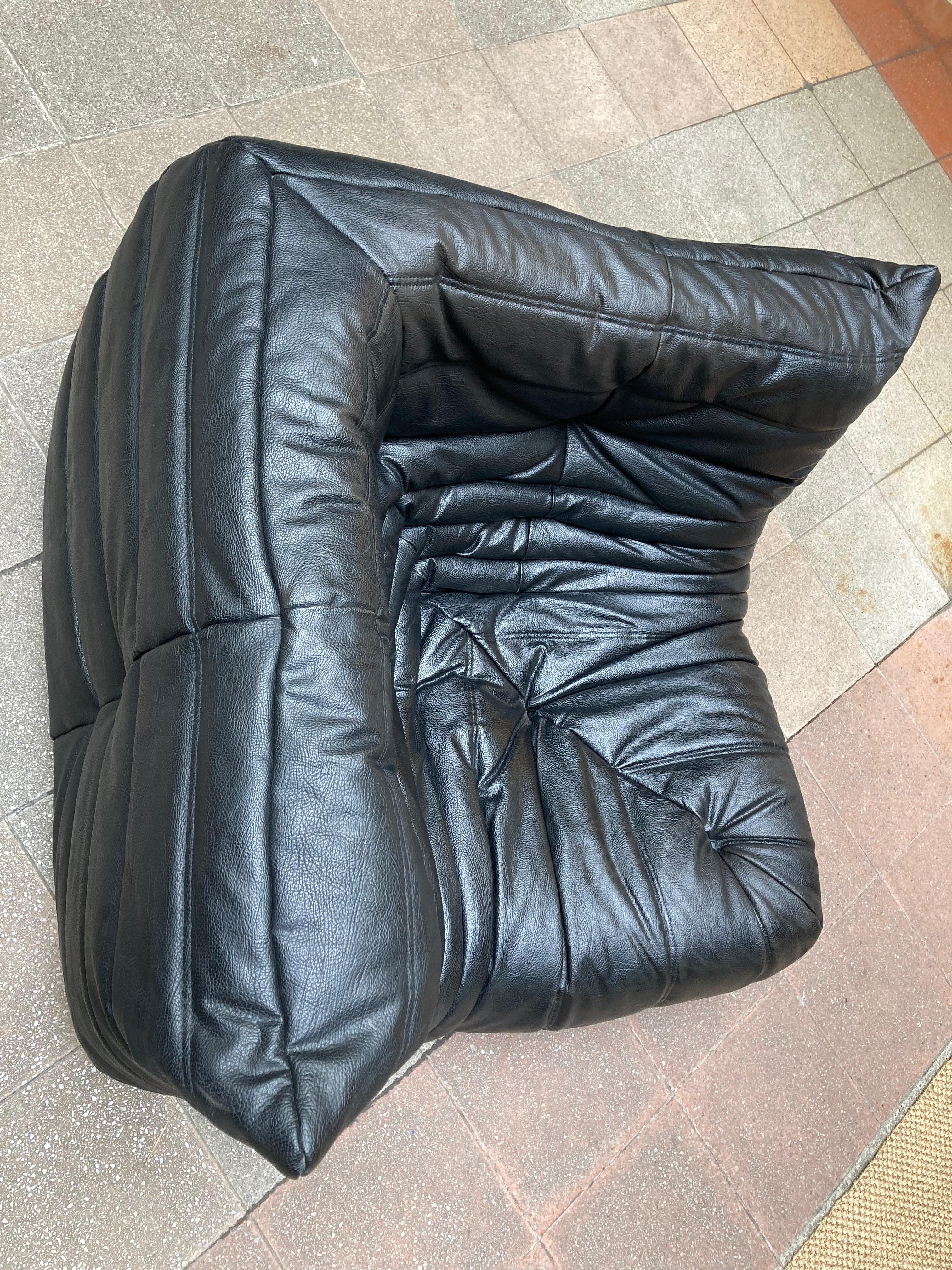 Faux Leather Set of Togo Lounge Sofas, Michel Ducaroy Black Skai Roset Line, Circa 1990