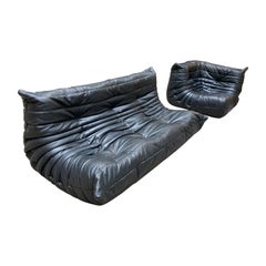 Set of Togo Lounge Sofas, Michel Ducaroy Black Skai Roset Line, Circa 1990
