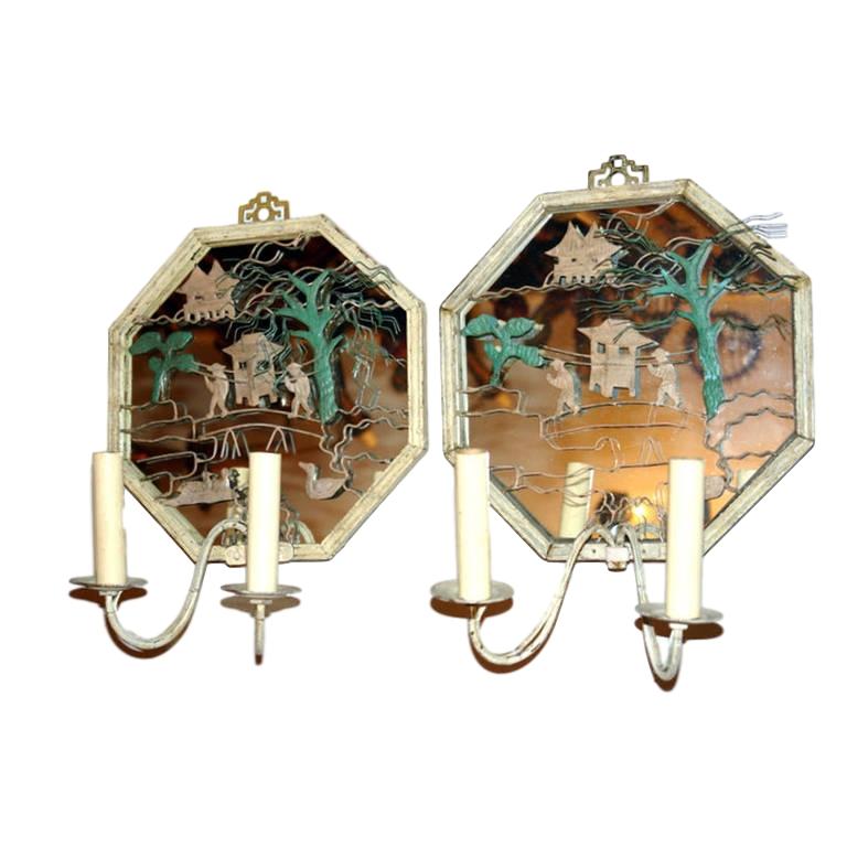 French Set of Tole Chinoiserie Sconces with Mirror Backs, Sold Per Pair For Sale