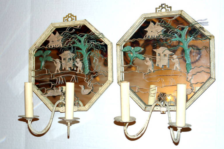 Hand-Painted Set of Tole Chinoiserie Sconces with Mirror Backs, Sold Per Pair For Sale