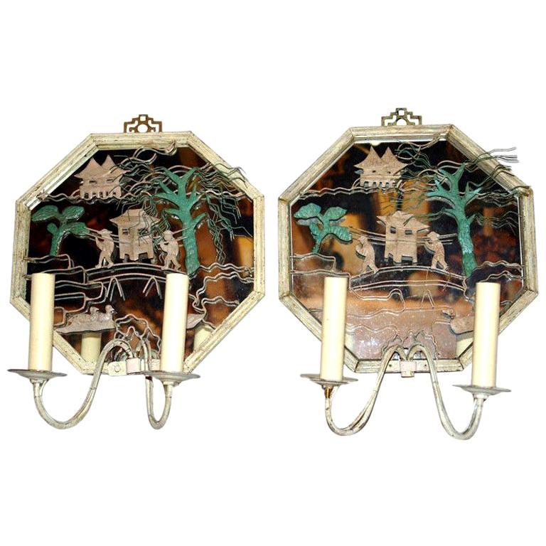 Set of Tole Chinoiserie Sconces with Mirror Backs, Sold Per Pair For Sale