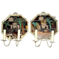 Vintage Set of Tole Chinoiserie Sconces with Mirror Backs, Sold Per Pair