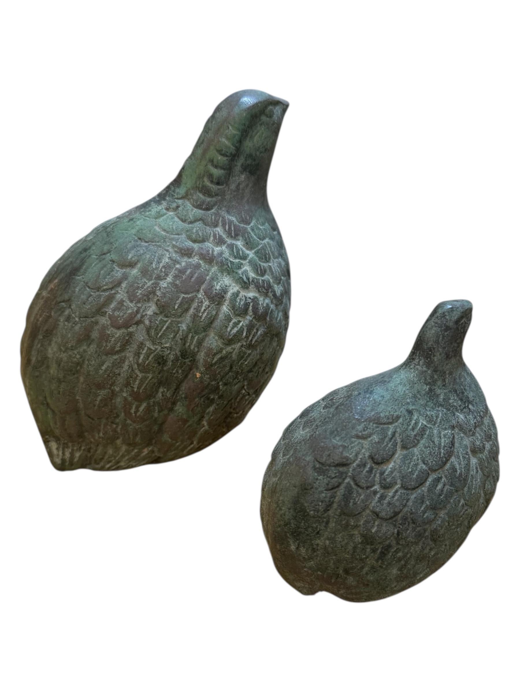 Bring a touch of nature-inspired elegance to your home with this exquisite Set of Toyo Bronze Quails. Crafted in Japan, these charming sculptures are made of solid bronze and feature a rich, naturally aged patina that adds depth and character to