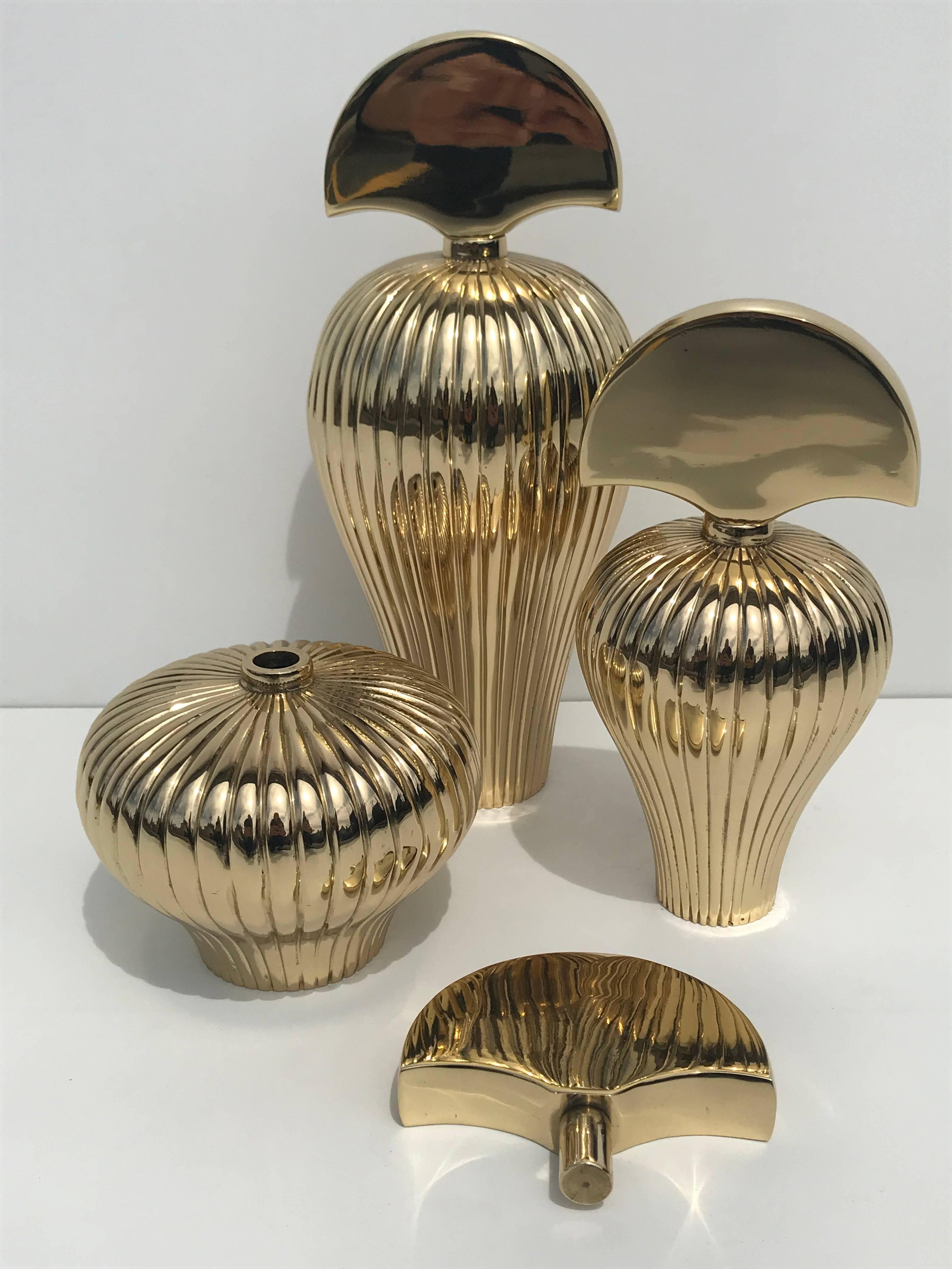 Patinated Set of Three Brass Perfume Bottles For Sale