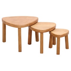 Set of triangular oak Brutalist side tables in style of Pierre Chapo