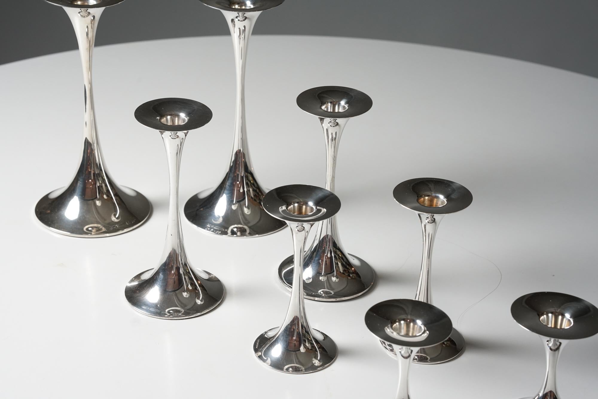 Scandinavian Modern Set of Trumpet Silver Candle Holders, Tapio Wirkkala, Kultakeskus Oy For Sale
