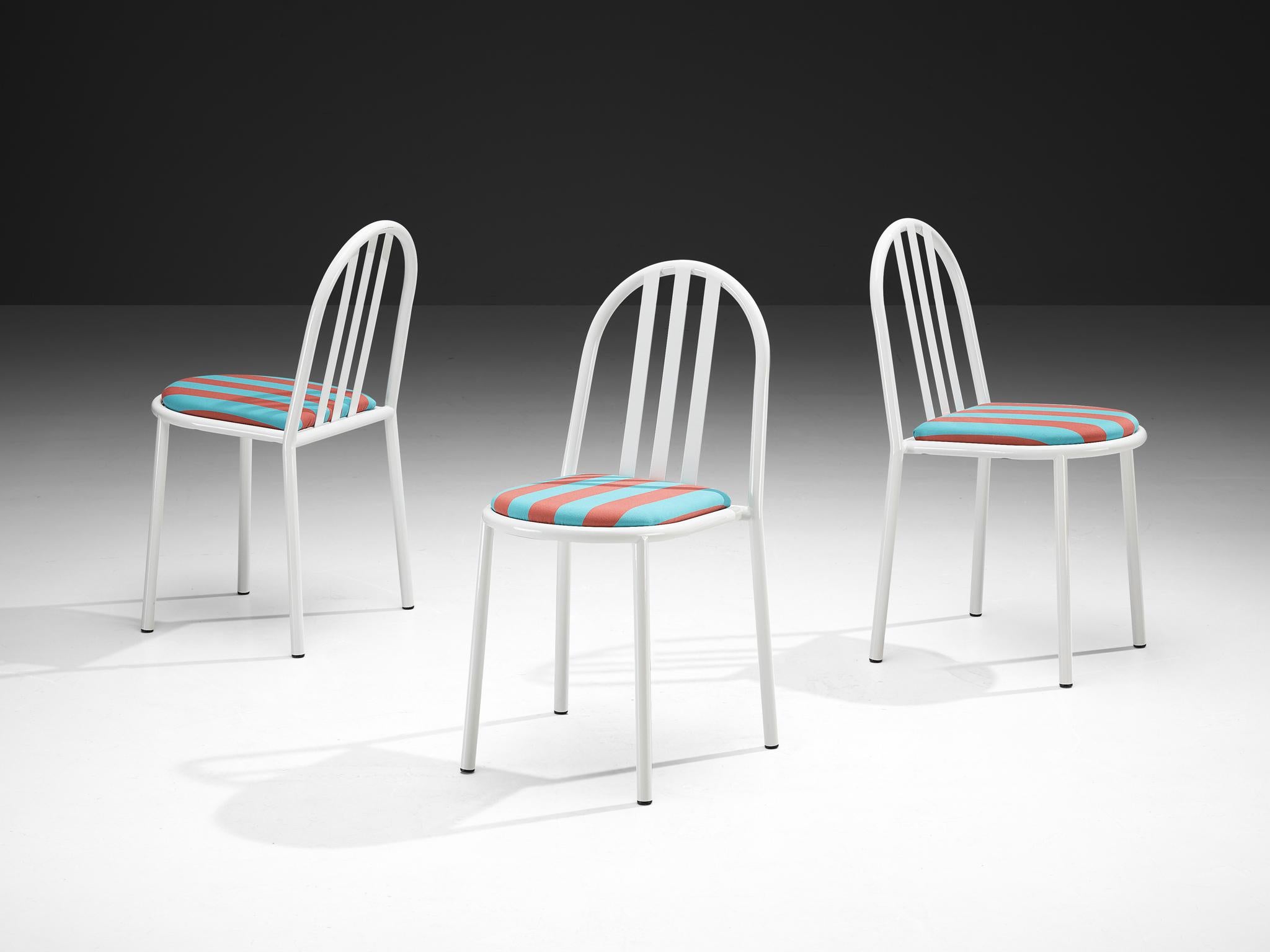Robert Mallet Stevens for Stevens designs, dining chairs, lacquered metal, fabric, France, design 1928, production later

Admirable set of white lacquered tubular chairs with striped seats, designed by one of the masters of the Modern architecture;
