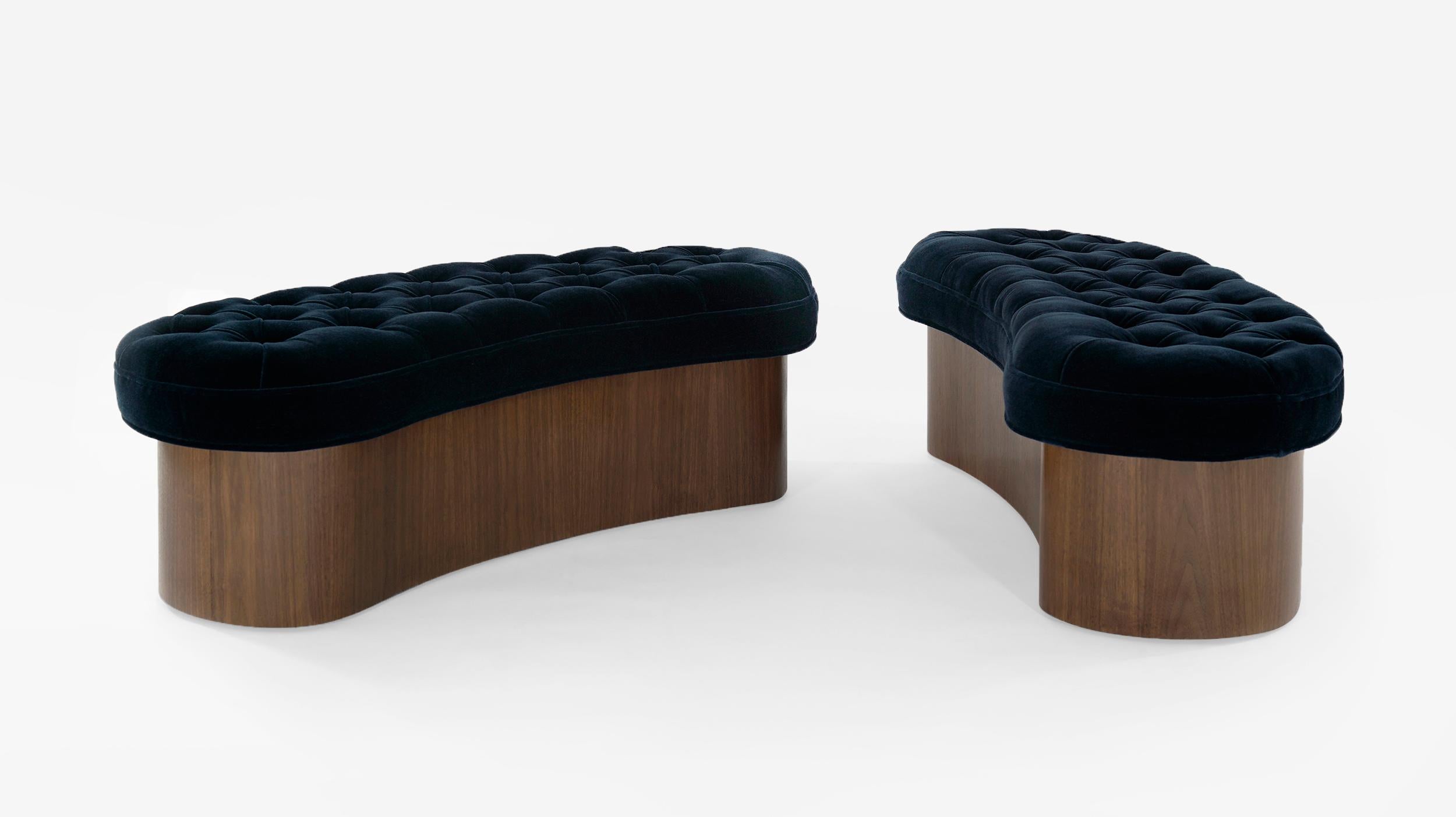 Mid-Century Modern Set of Tufted Benches in Navy Blue Mohair
