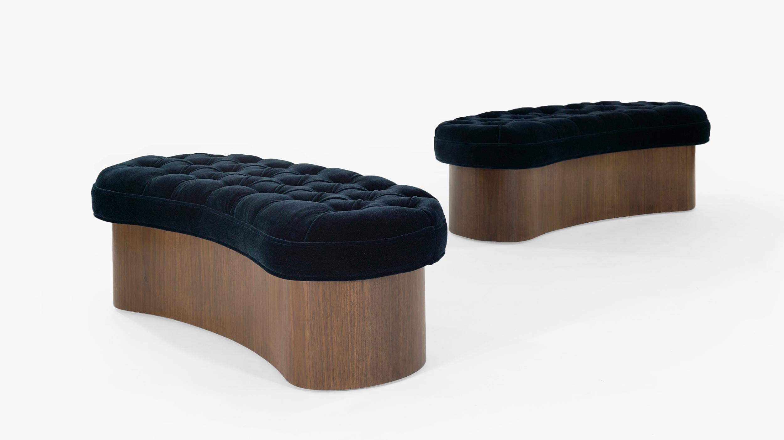20th Century Set of Tufted Benches in Navy Blue Mohair