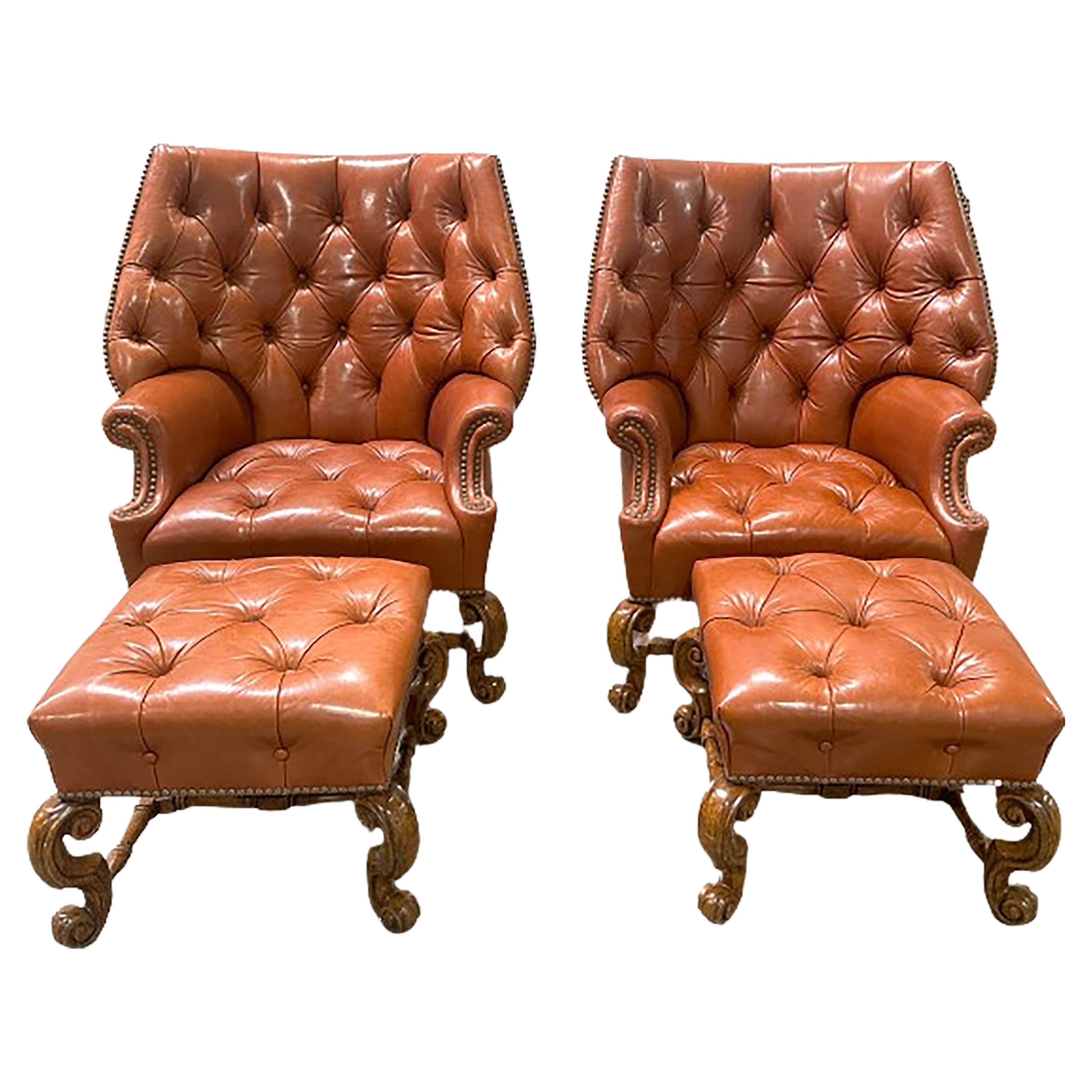 Set of Tufted Cowl Georgian Chesterfield Wingback Leather Chairs and Ottomans