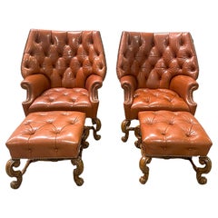 Set of Tufted Cowl Georgian Chesterfield Wingback Leather Chairs and Ottomans