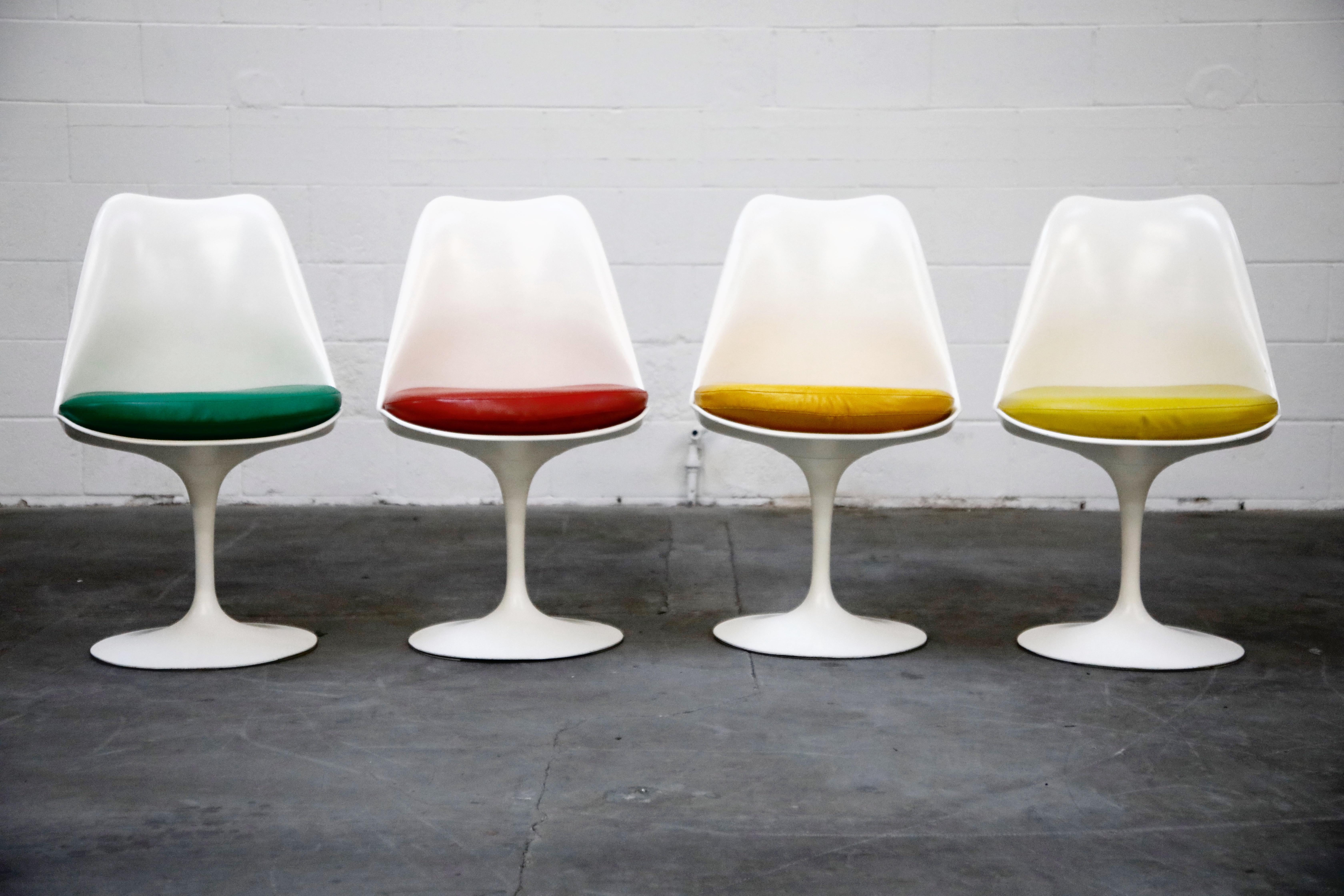 This set of four (4) early production 'Tulip' dining side chairs by Knoll International are a great option for collectors and interior designers, this set is fully signed with original Knoll cushions and in extremely well-cared-for condition. Seat