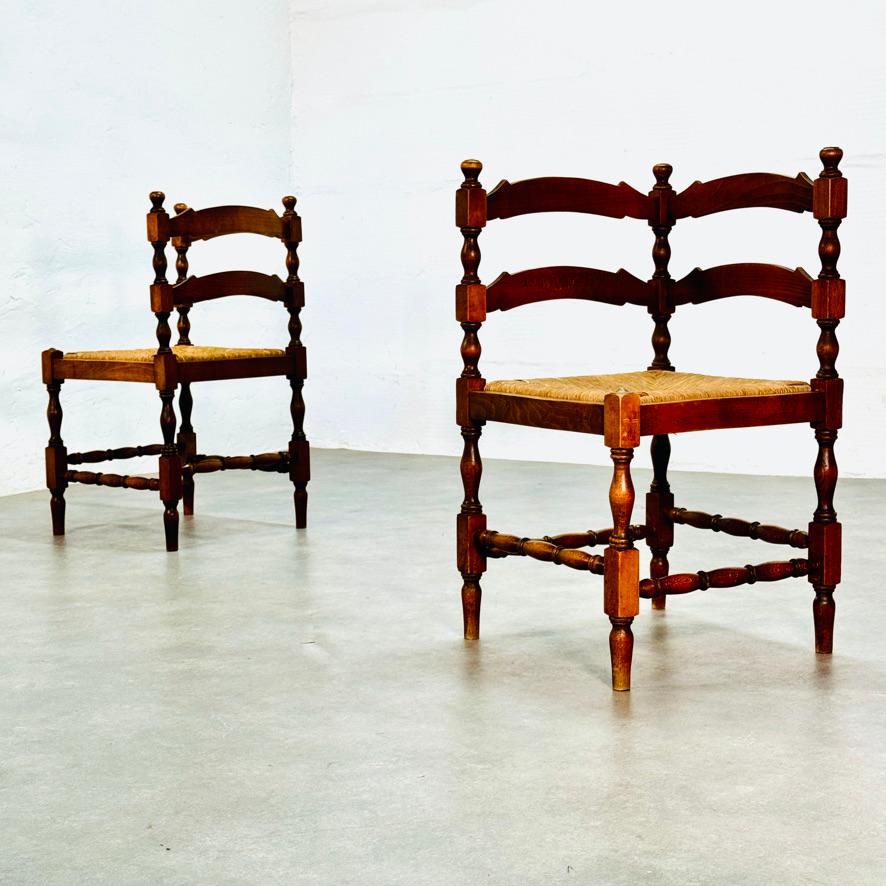Ensemble de deux chaises de salle identiques en bois fruitier de l'époque édouardienne avec siège en jonc, avec une patine magnifique et de la neige fondue sur les points droits.

Les sièges de Condit sont en bon état.

Chaises d'entrée, chaises