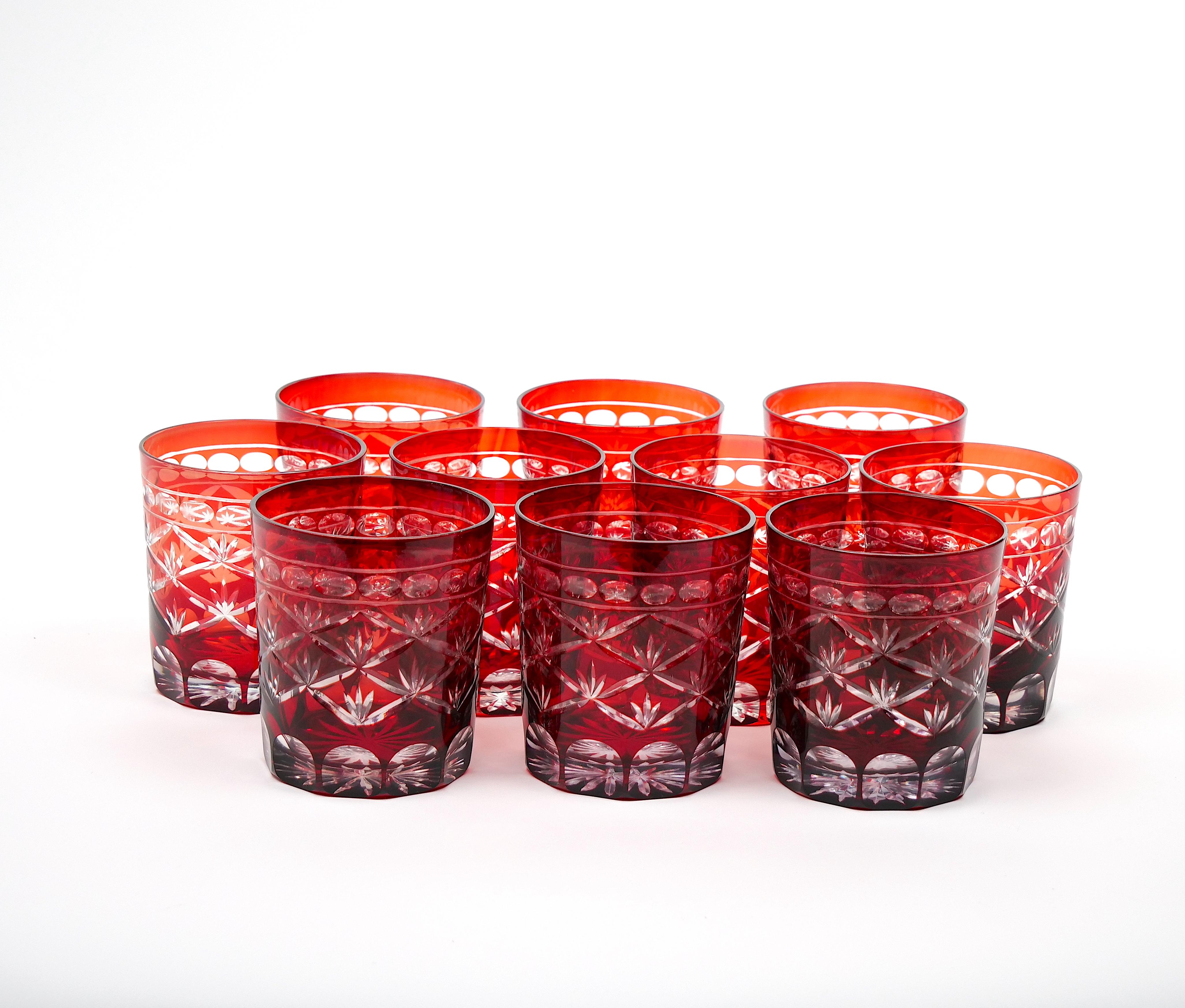Early 20th Century Antique Ruby Red Cut-to-Clear Barware Rocks Glass Set For Sale 2