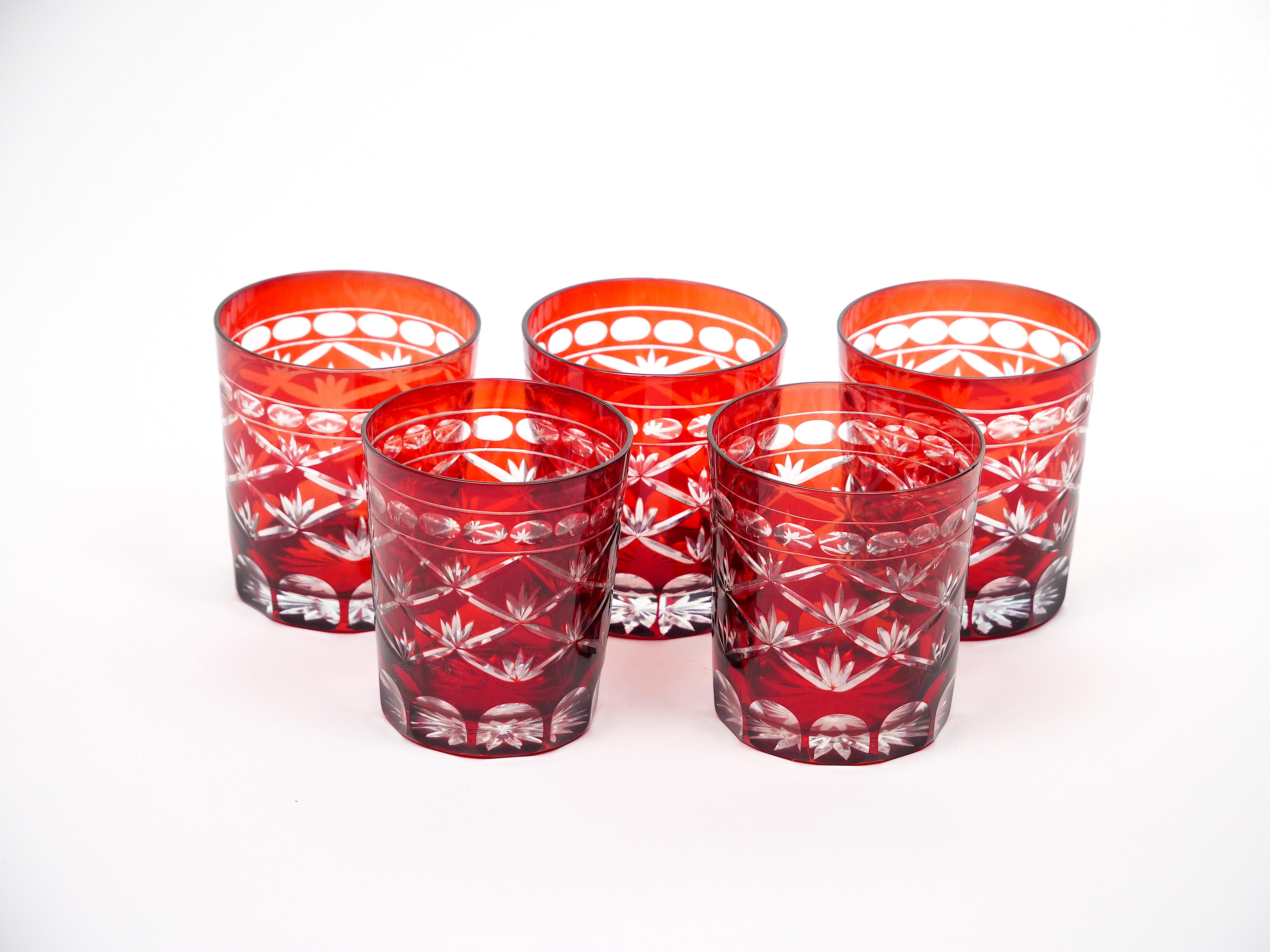 Début du 20e siècle Antique Ruby Red Cut-to-Clear Barware Rocks Glass Set en vente 5