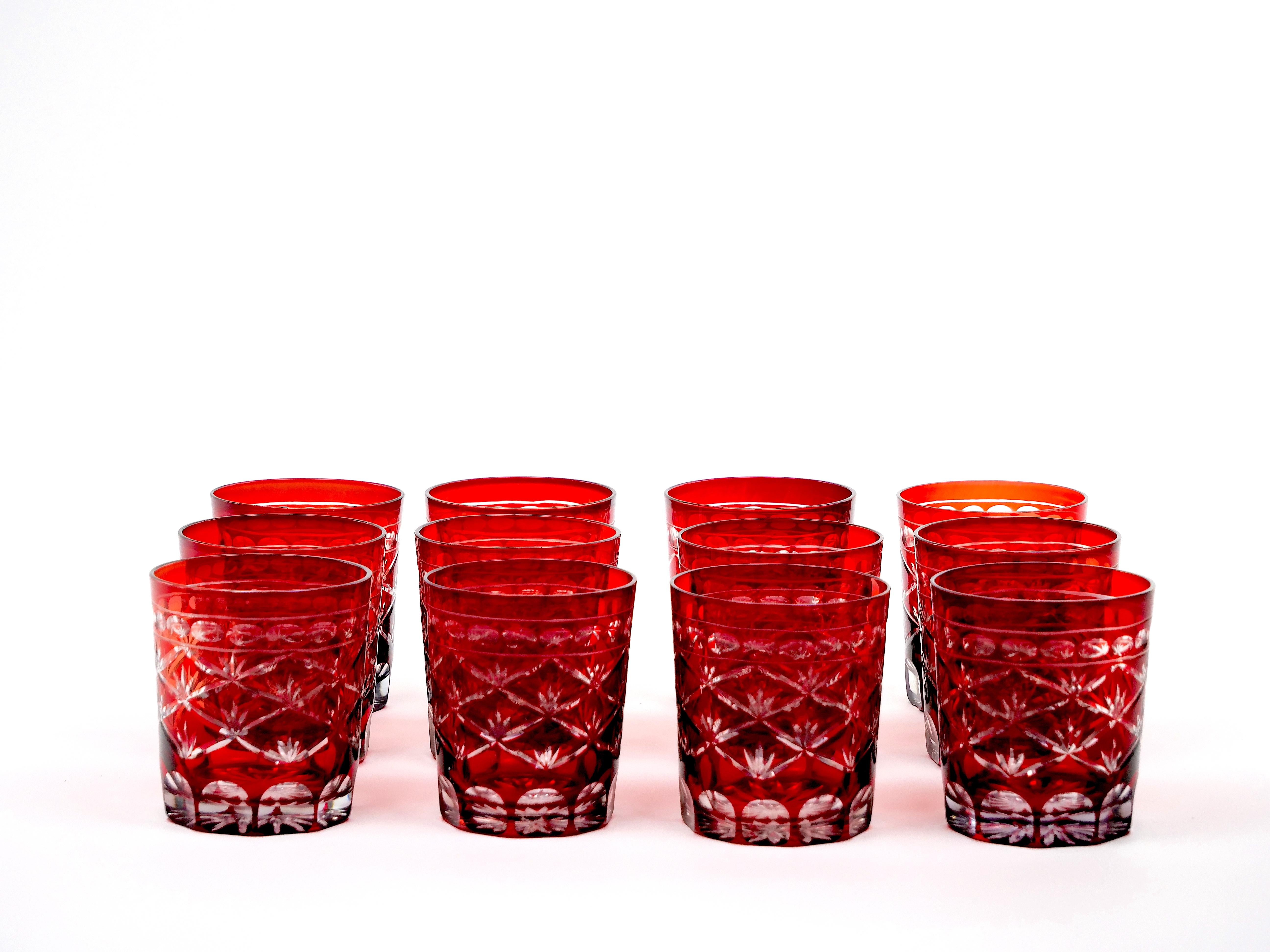 Engraved Early 20th Century Antique Ruby Red Cut-to-Clear Barware Rocks Glass Set For Sale