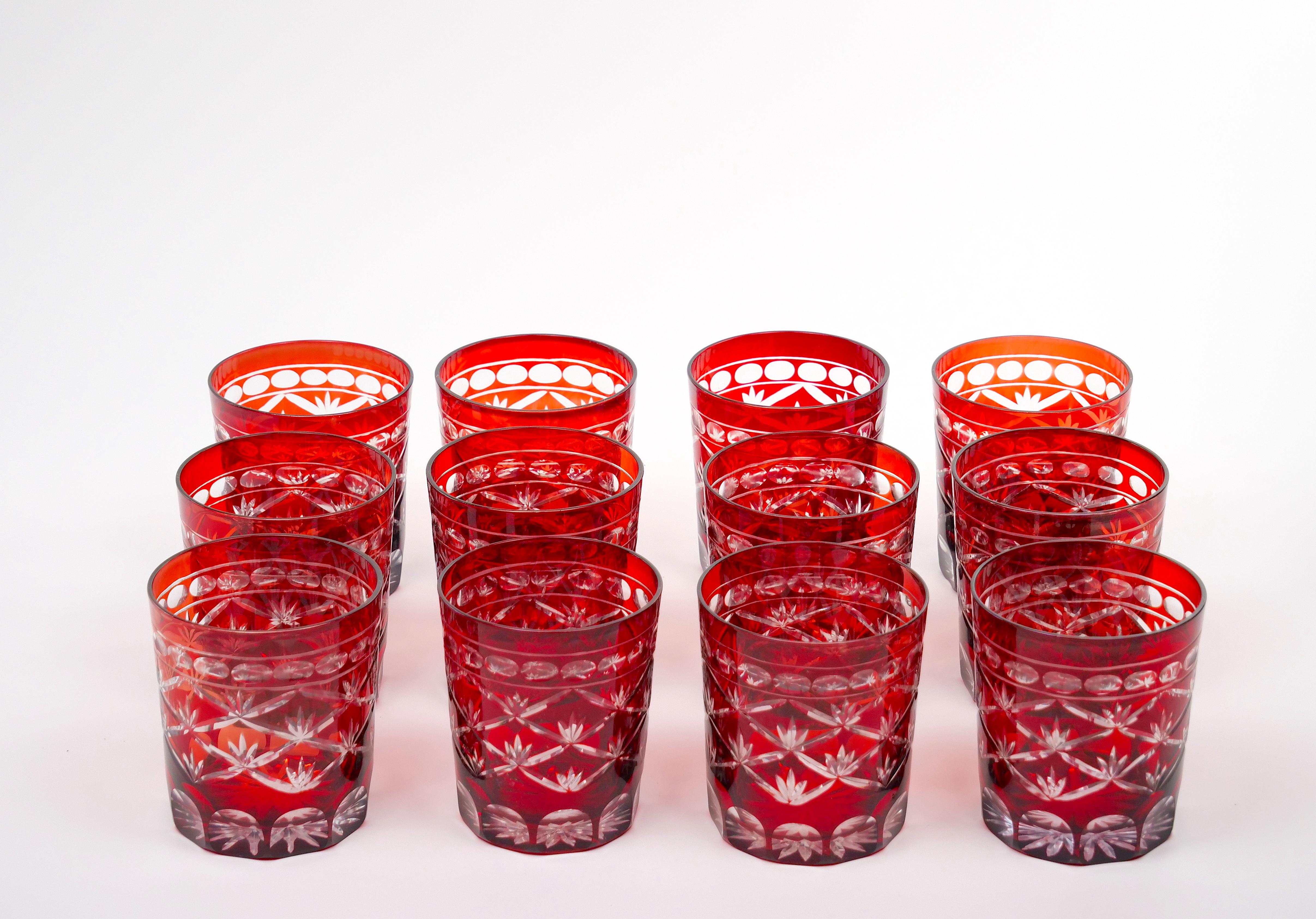 Early 20th Century Antique Ruby Red Cut-to-Clear Barware Rocks Glass Set In Good Condition For Sale In Tarry Town, NY