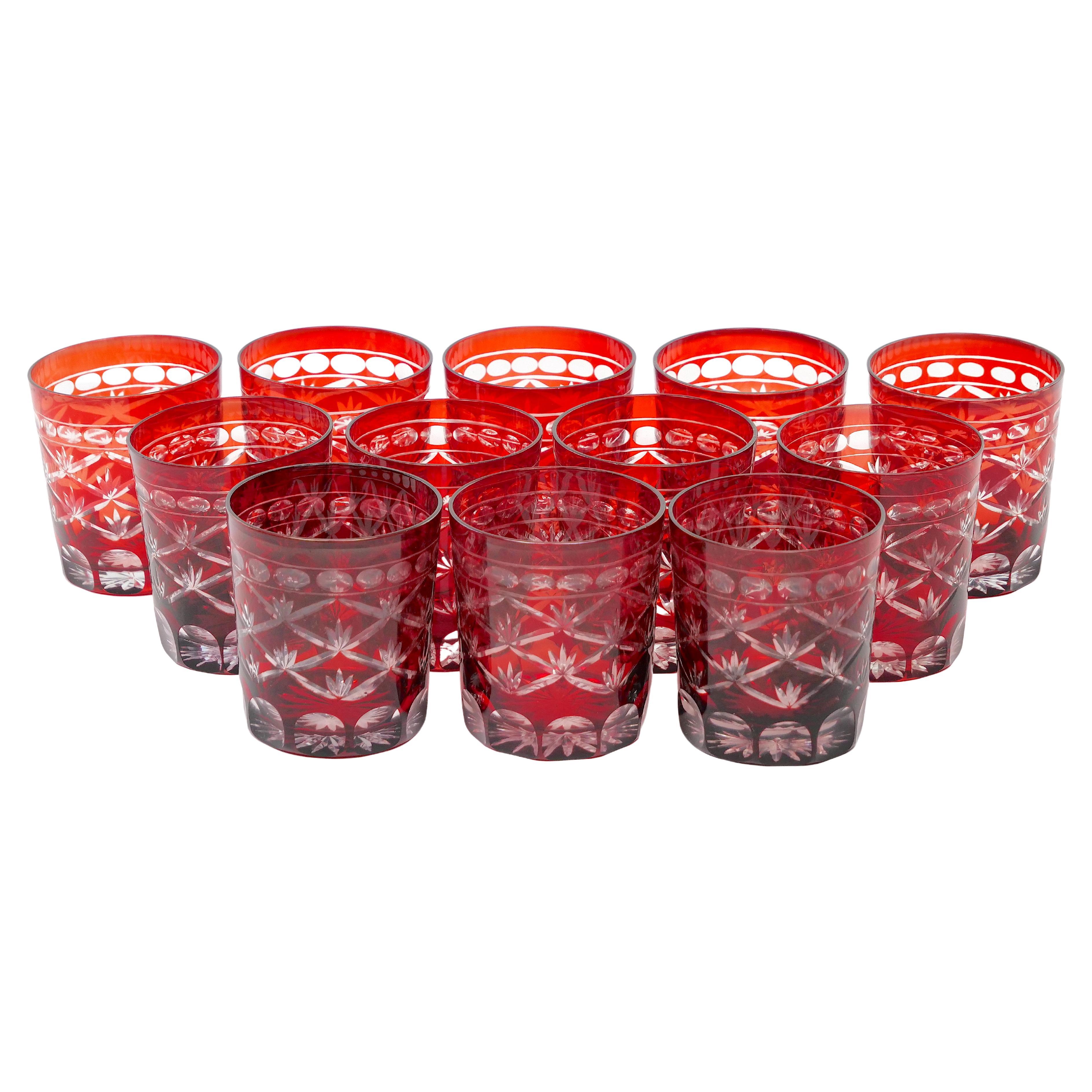 Early 20th Century Antique Ruby Red Cut-to-Clear Barware Rocks Glass Set For Sale