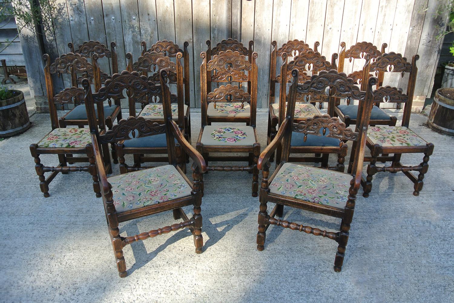 18th Century and Earlier Set of Twelve 17th Century Derbyshire Back Stools – Ten Standards and Two Carver