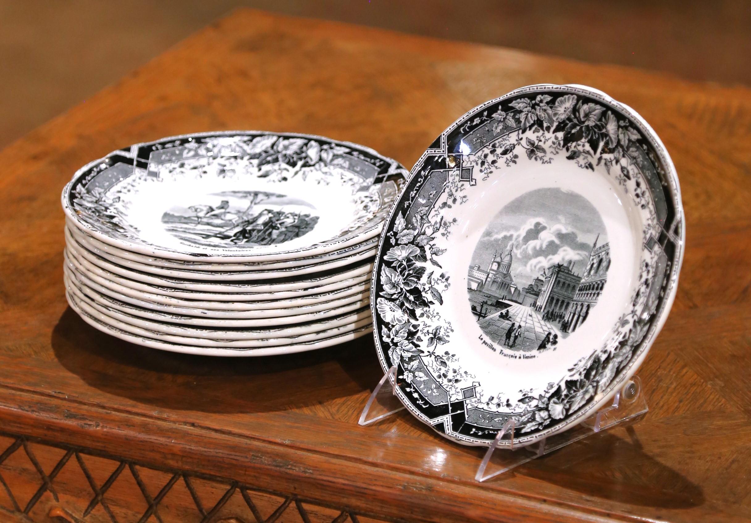 Crafted in France circa 1870 at the celebrated Choisy-le-Roi manufactory under Hippolyte Boulenger, this set of twelve faïence transferware dessert plates commemorates the major European campaigns of the Second Empire under Napoleon III. Each plate