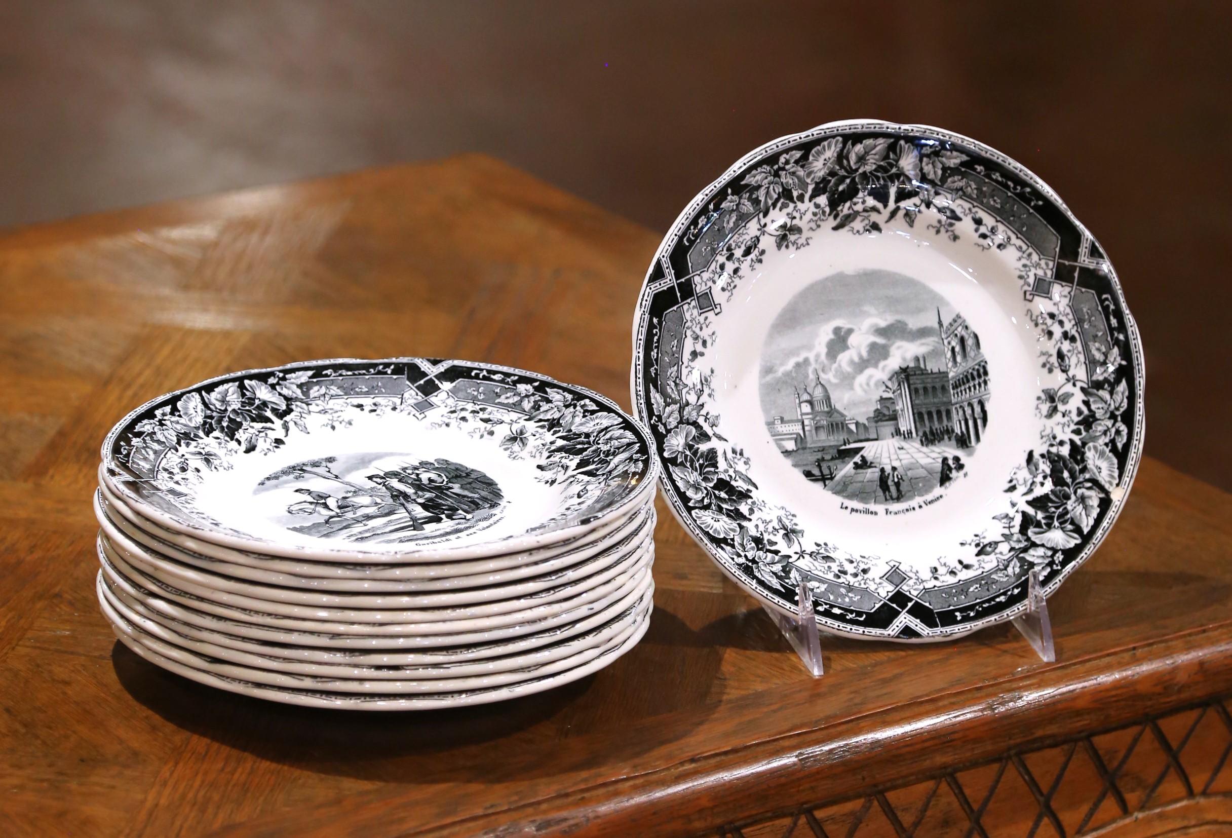 Set of Twelve 19th C. French Choisy-le-Roi Dessert Plates “Campagnes Militaires” In Excellent Condition For Sale In Dallas, TX
