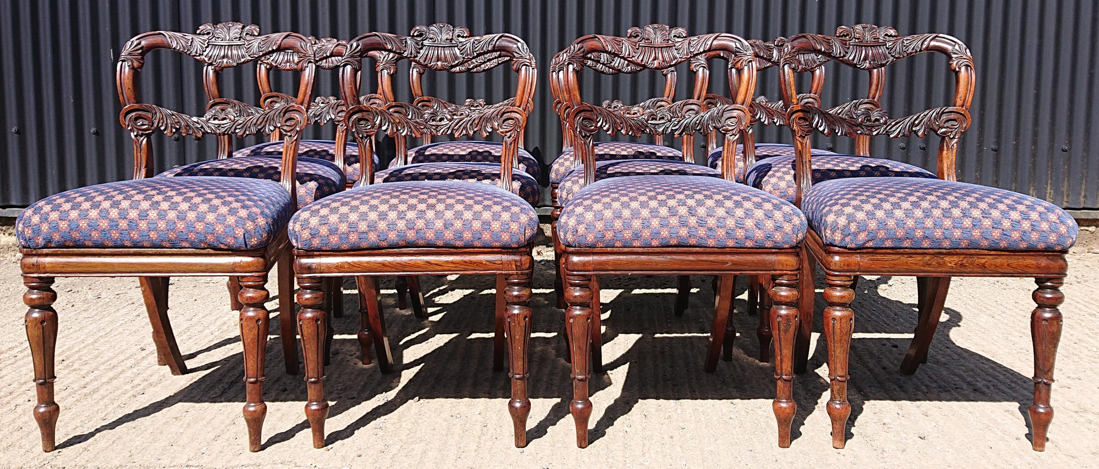 A very fine quality set of 19th century dining chairs made by Gillow of Lancaster and London. These chairs are made from a beautiful cut of gonçalo alves timber and they have a generous shape to the back rest, a deep sweep to the back legs and crisp