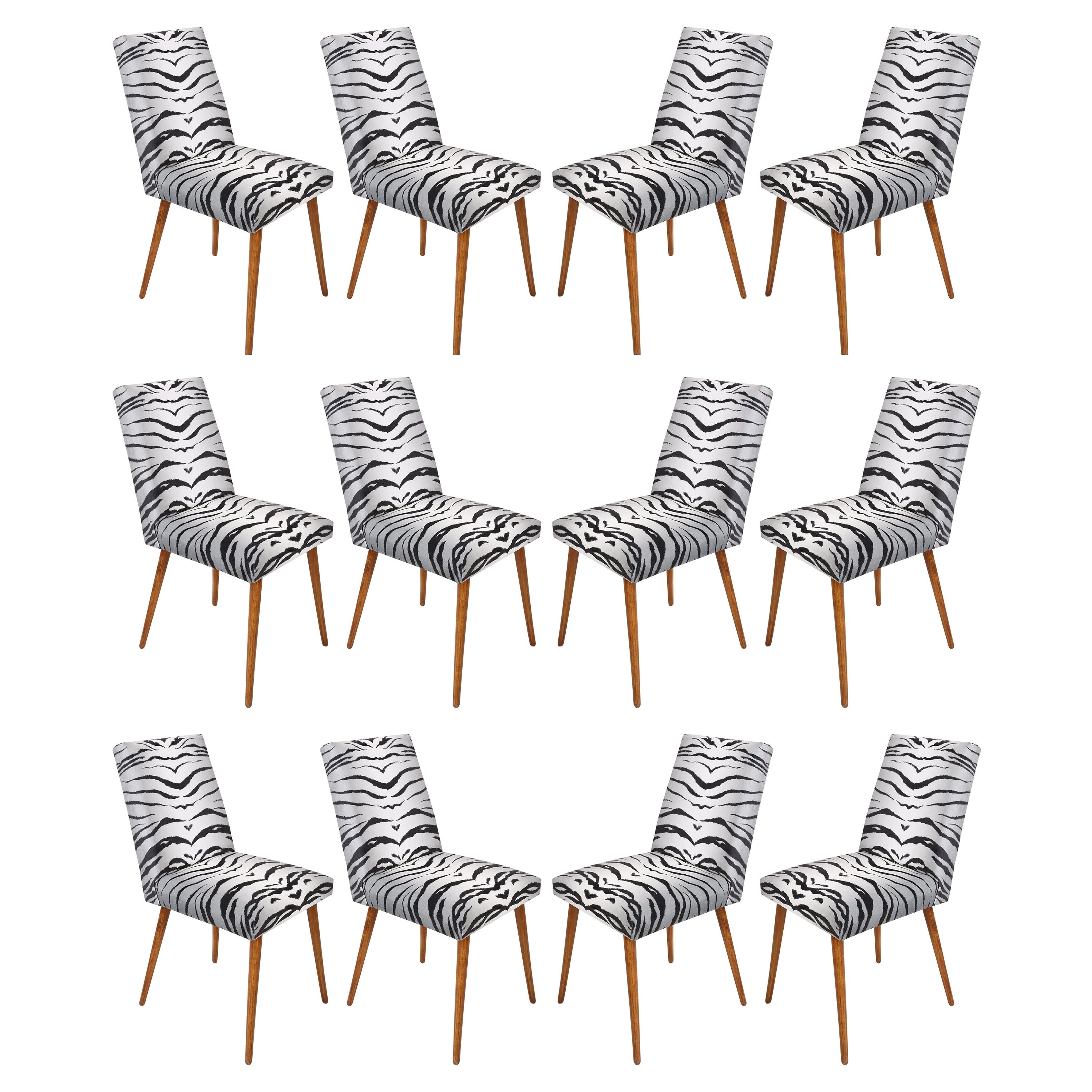 Set of Twelve 20th Century Black and White Zebra Velvet Chairs, Europe, 1960s For Sale