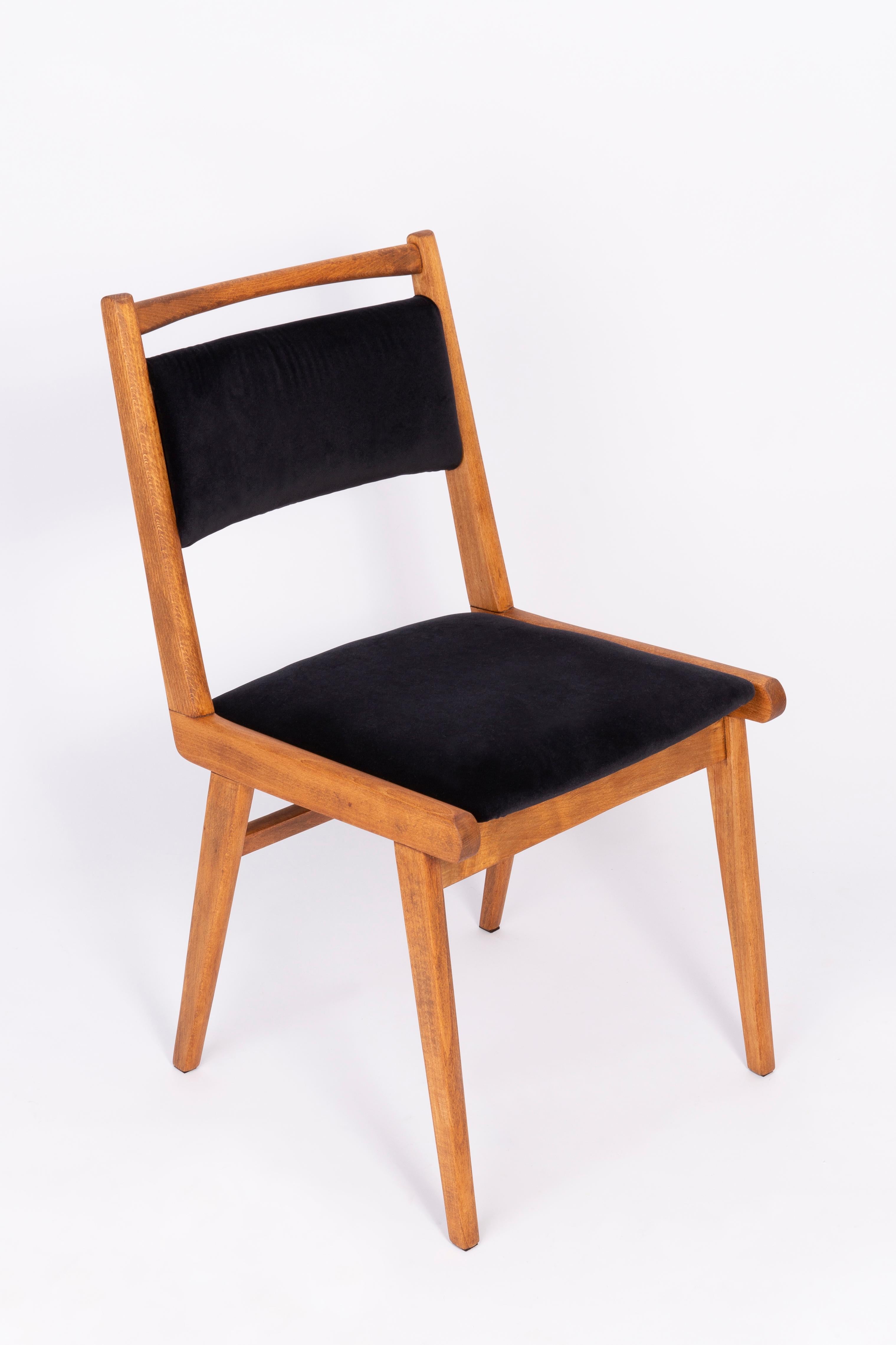 Chaises conçues par le professeur Rajmund Halas. C'est un modèle de type jar. Fabriqué en bois de hêtre. Les chaises ont été entièrement rénovées et les boiseries ont été rafraîchies. L'assise et le dossier sont habillés d'un tissu en velours noir,