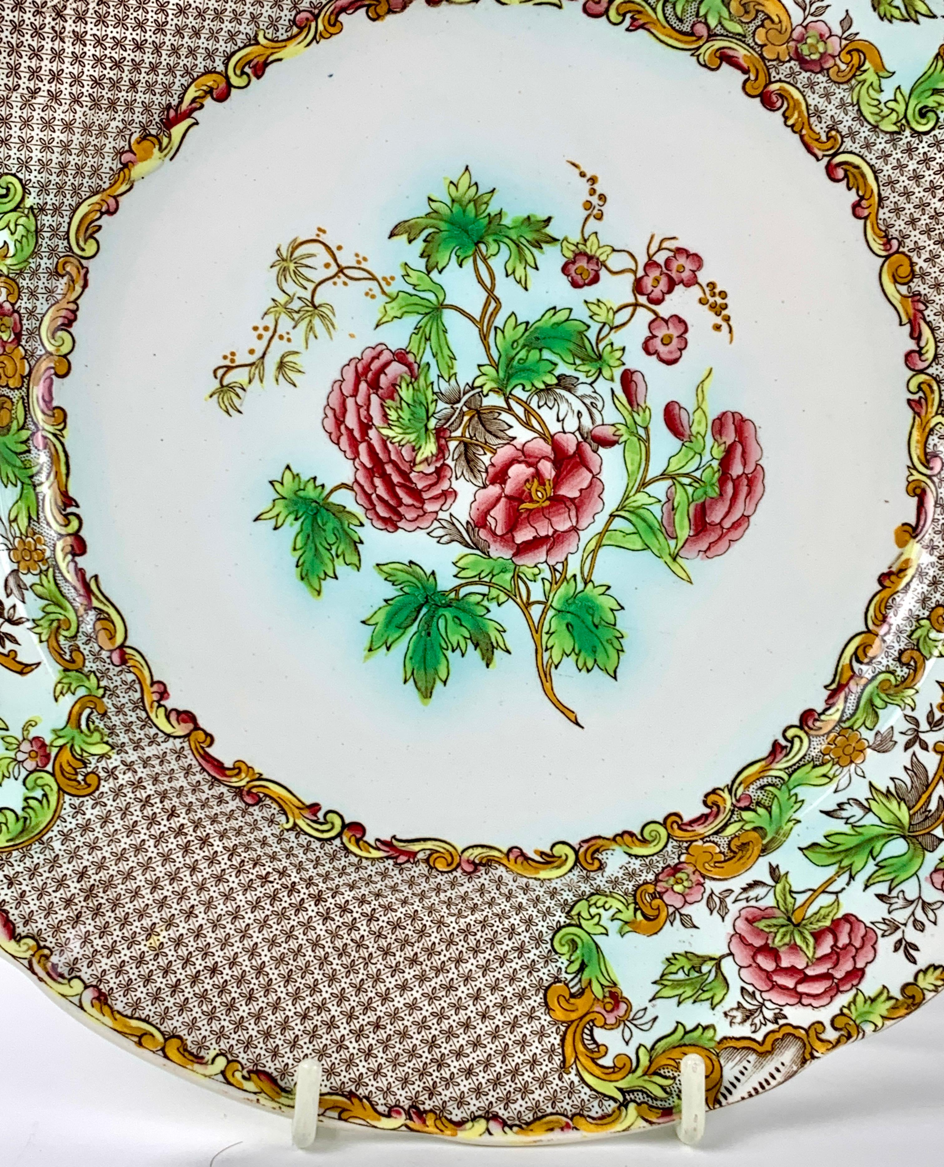 Early Victorian Dozen Antique Spode Dinner Plates with Pink Roses and Green Leaves Border C-1837 For Sale