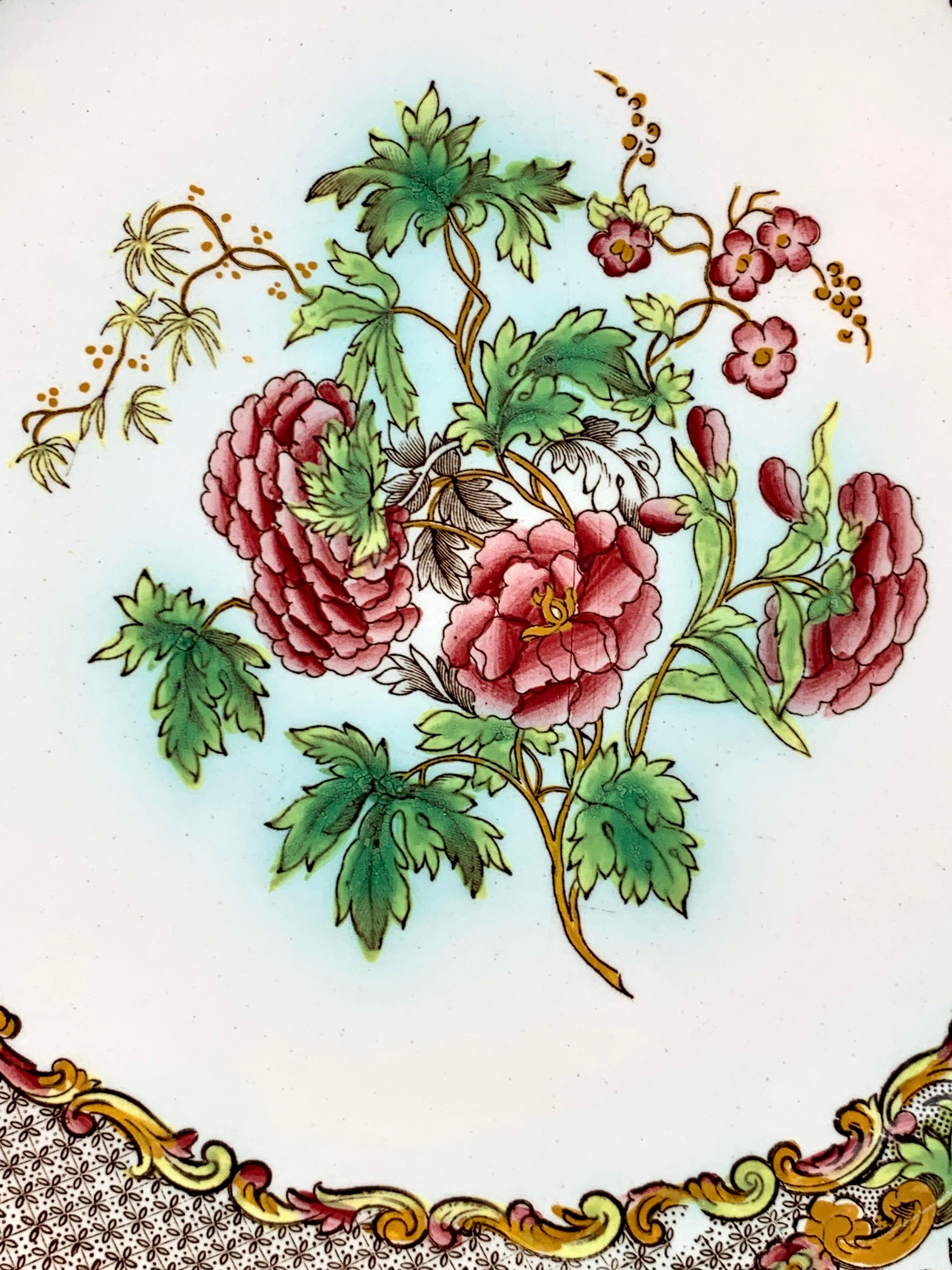 English Dozen Antique Spode Dinner Plates with Pink Roses and Green Leaves Border C-1837 For Sale