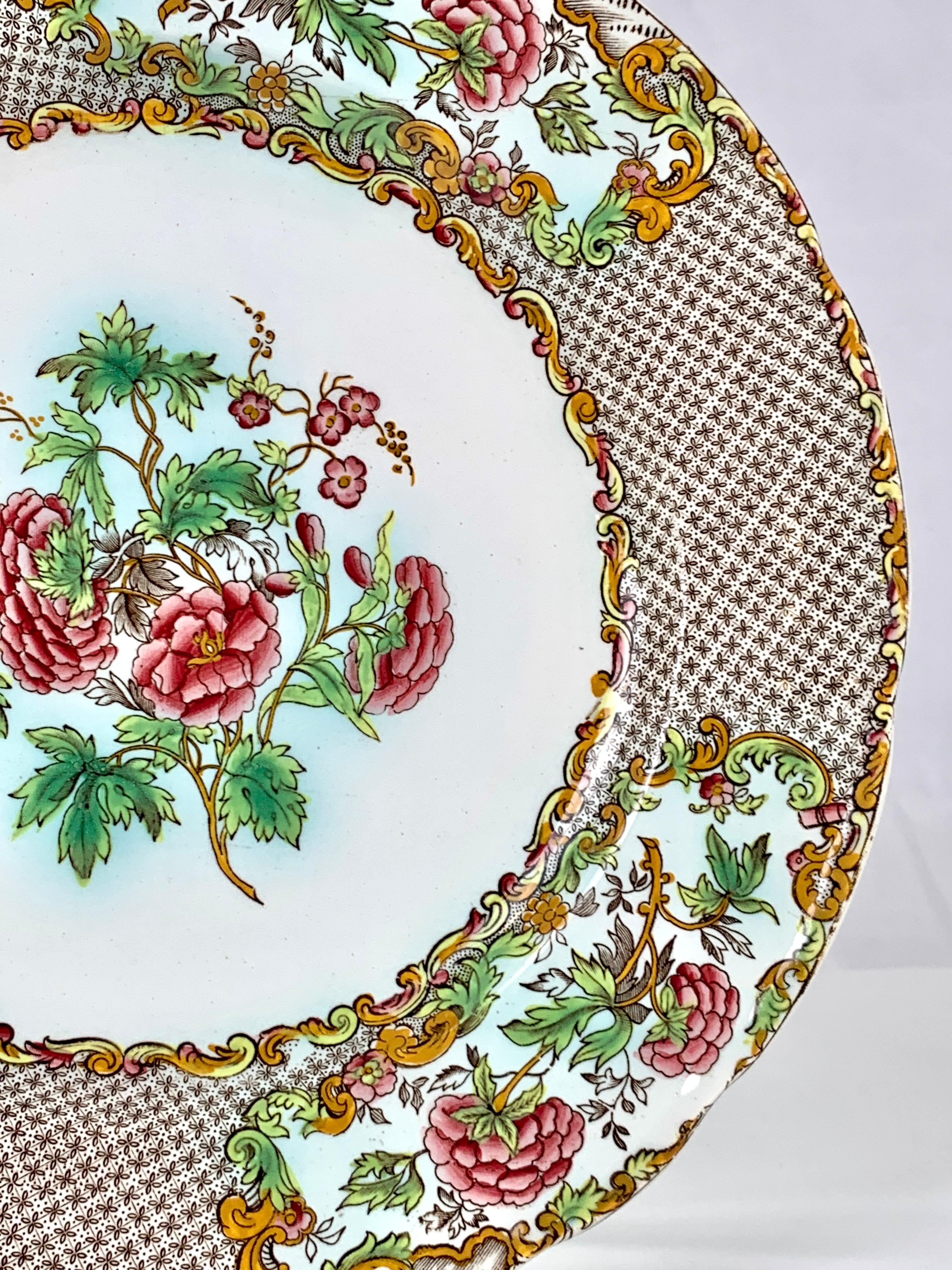 Dozen Antique Spode Dinner Plates with Pink Roses and Green Leaves Border C-1837 For Sale 1