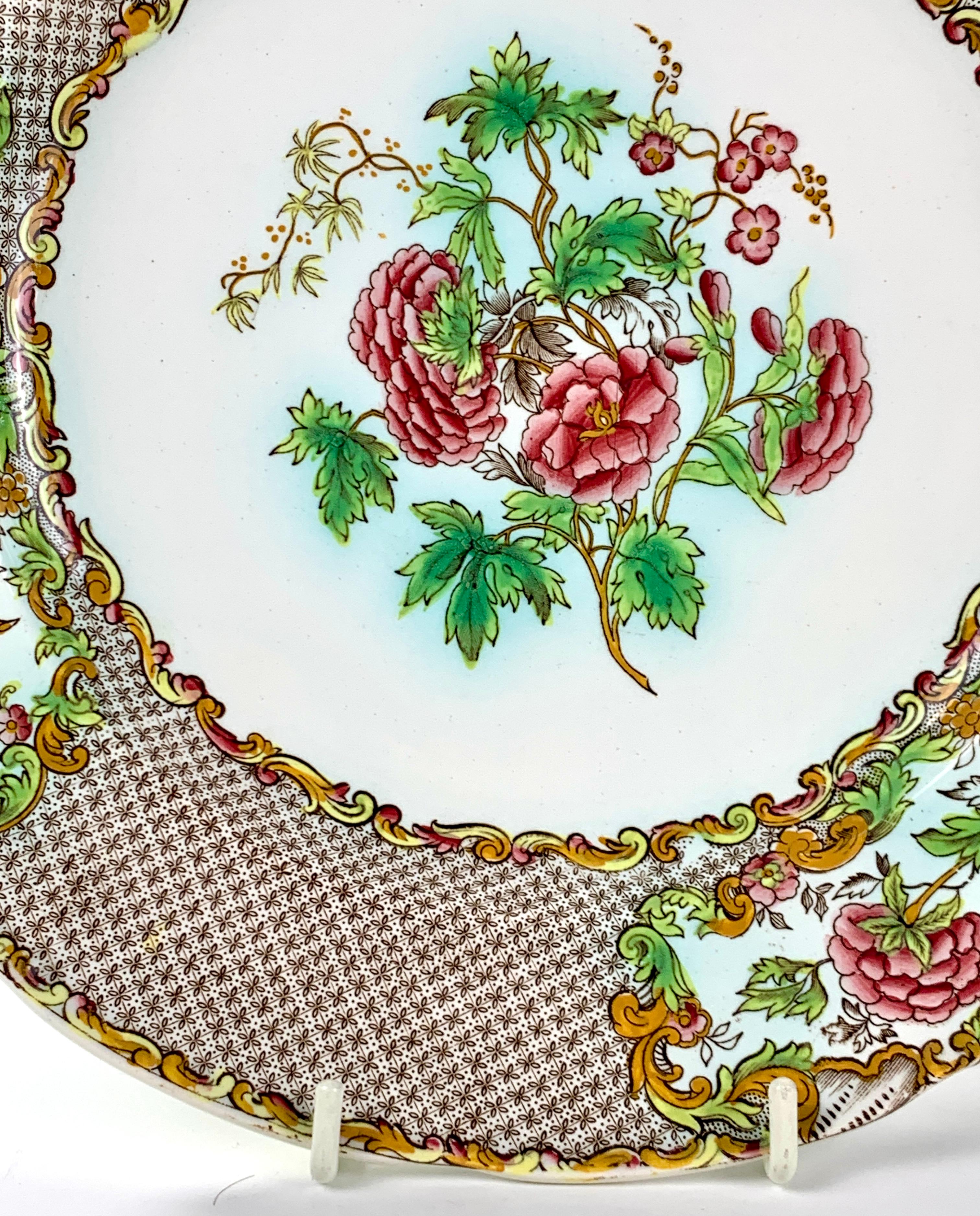 Dozen Antique Spode Dinner Plates with Pink Roses and Green Leaves Border C-1837 For Sale 2