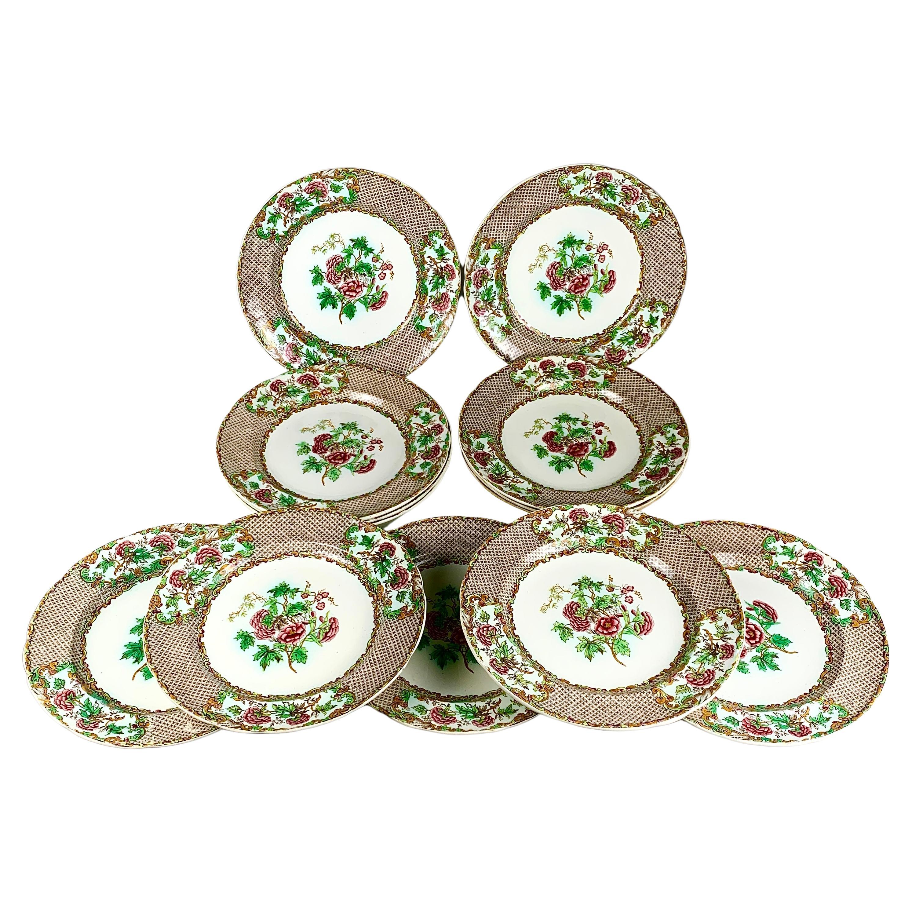 Dozen Antique Spode Dinner Plates with Pink Roses and Green Leaves Border C-1837 For Sale