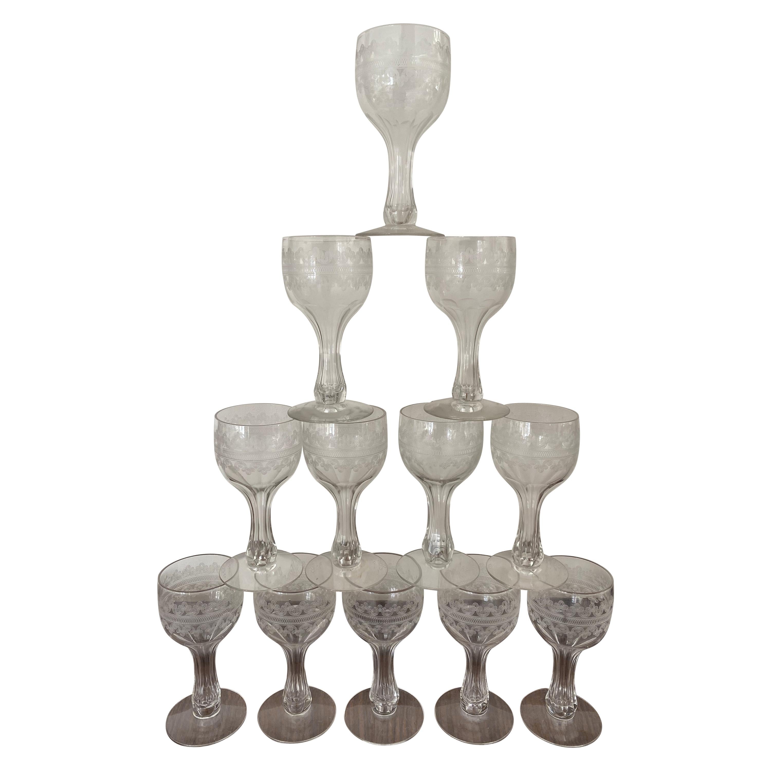 Set of Twelve Antique Etched Glasses For Sale