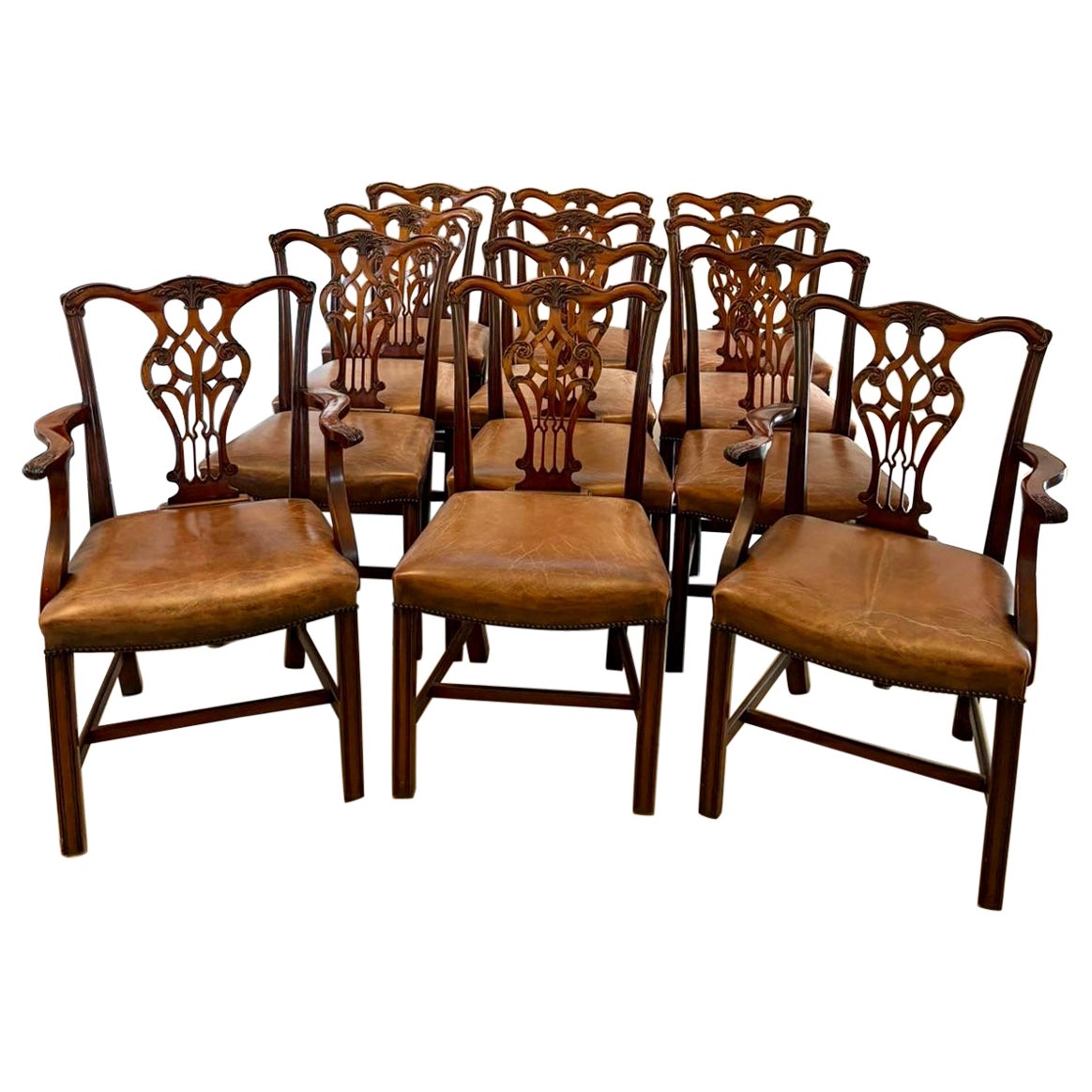 Set of Twelve Antique Victorian Mahogany Dining Chairs in the Chippendale Style For Sale