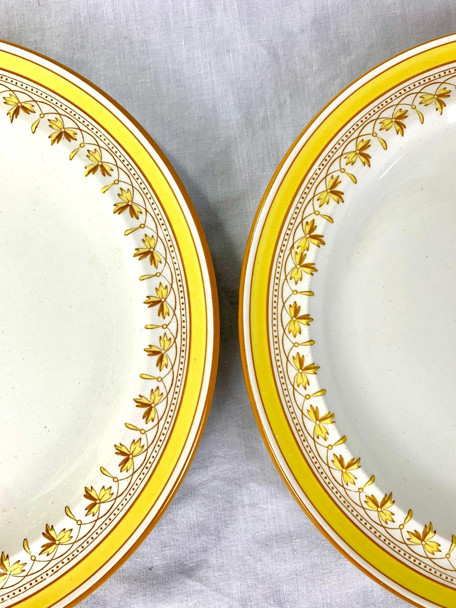 Satz von zwölf antiken Wedwood-Speisetellern mit gelber Umrandung (Tonware) im Angebot