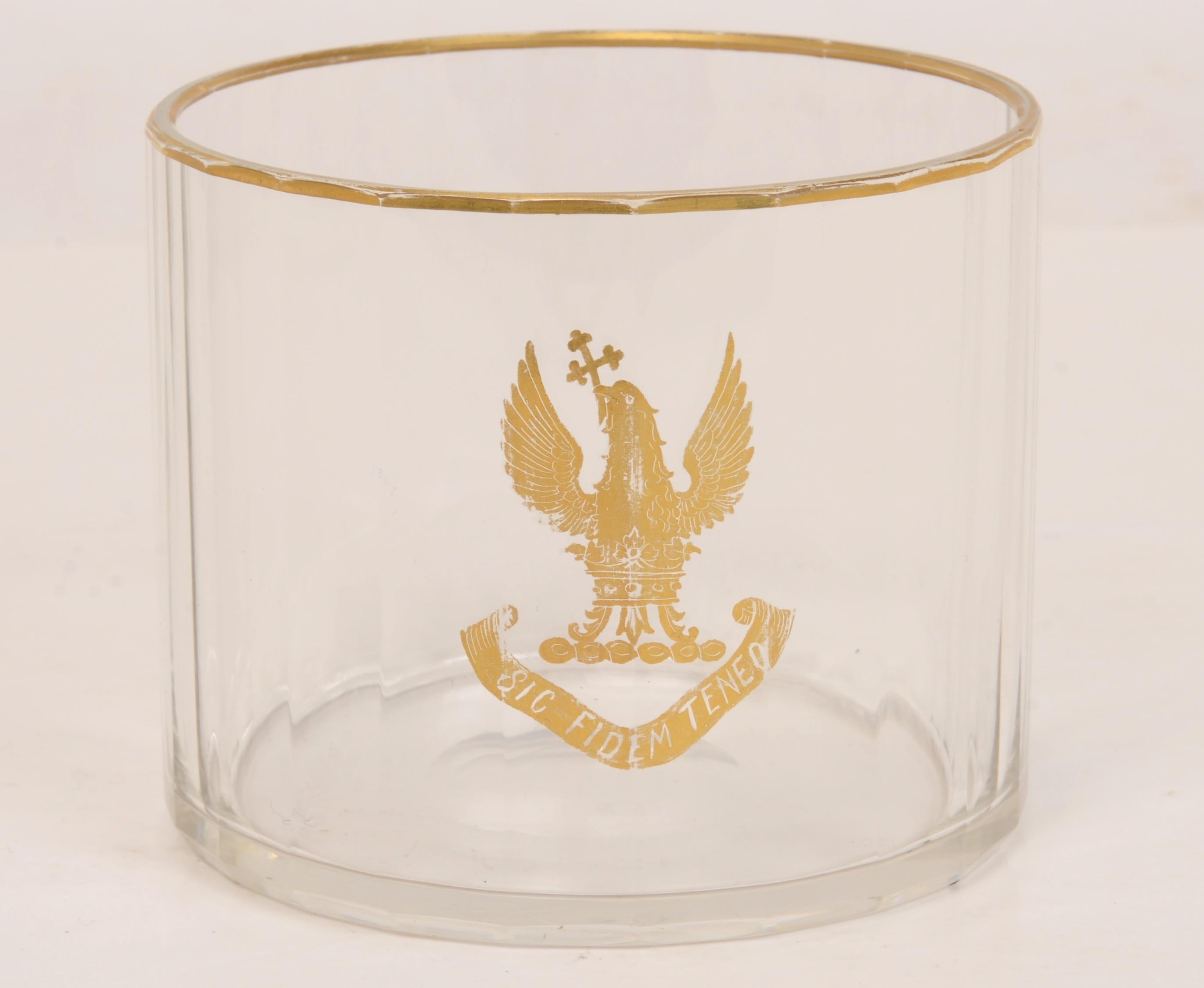 English Set of 12 Armorial Straight Facet-Cut 24 Panel Gilt Decorated Crystal Glasses For Sale