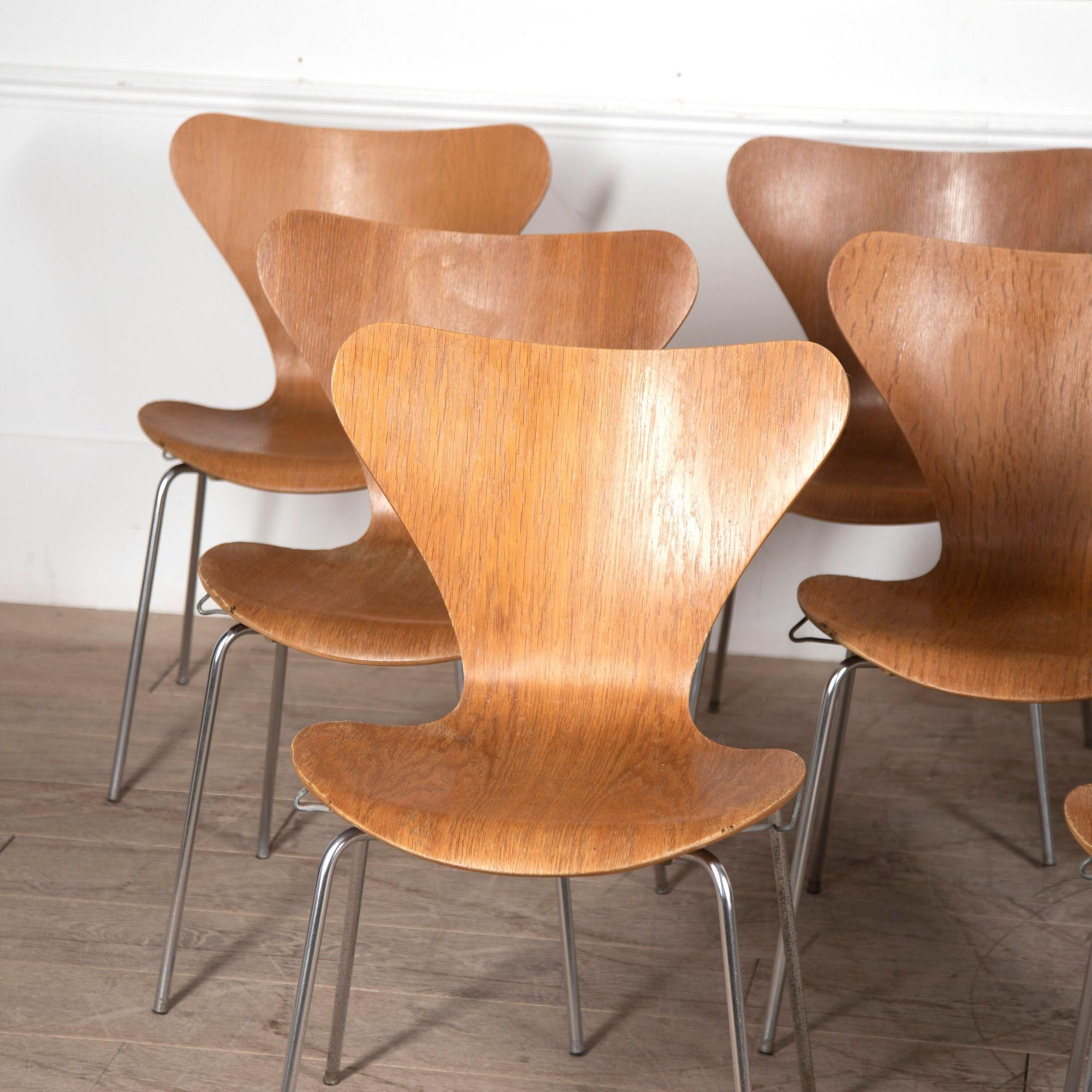 A rare matching set of twelve Danish chairs designed by Arne Jacobsen for FritzHansen who influenced designers and architects around the world.
The 'series 7' chair was manufactured by Fritz Hansen and first produced in 1955.
All of these chairs