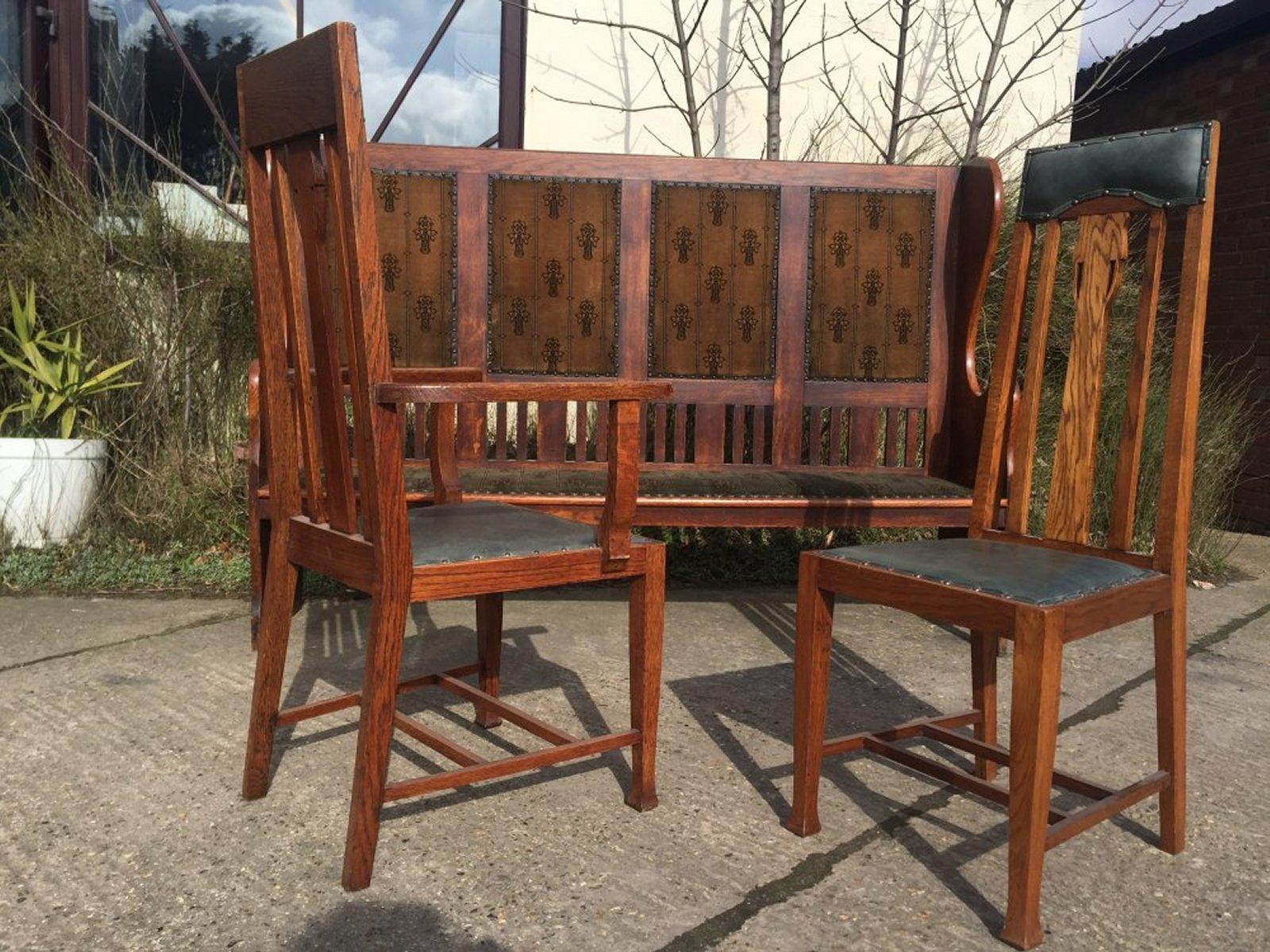 Scottish Set of Twelve Arts & Crafts Glasgow School Oak Dining Chairs with Tulip Details