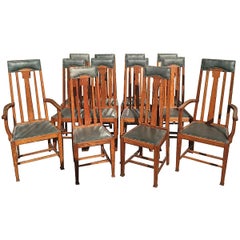 Antique Set of Twelve Arts & Crafts Glasgow School Oak Dining Chairs with Tulip Details