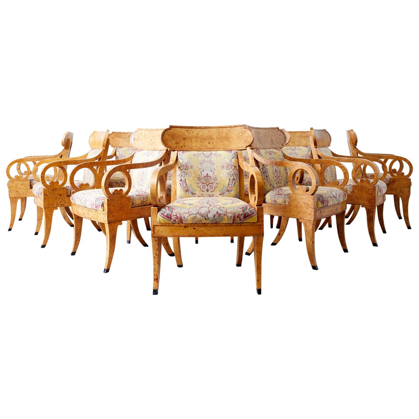 Set of Twelve Baker Regency Style Burl Wood Klismos Armchairs For Sale