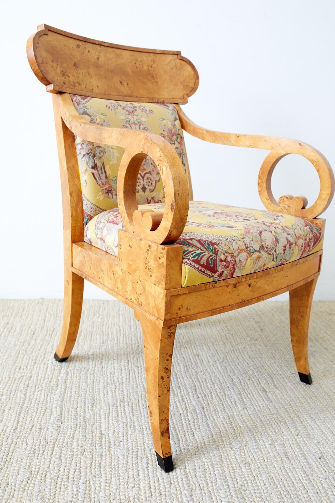 Set of Twelve Baker Regency Style Burl Wood Klismos Armchairs For Sale 4