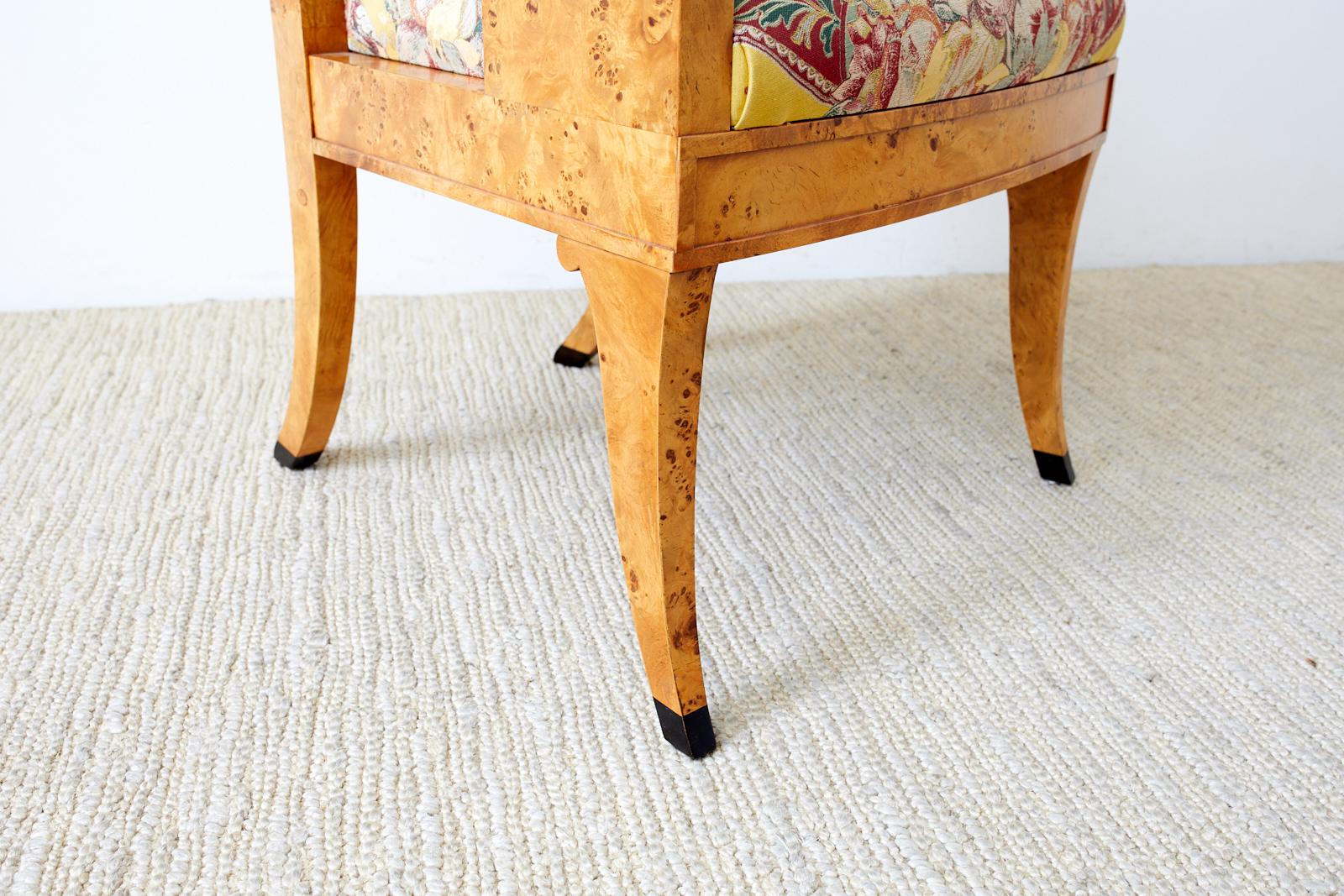 Set of Twelve Baker Regency Style Burl Wood Klismos Armchairs For Sale 5