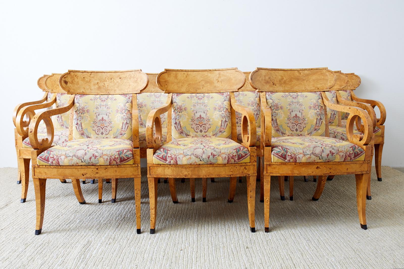 American Set of Twelve Baker Regency Style Burl Wood Klismos Armchairs For Sale