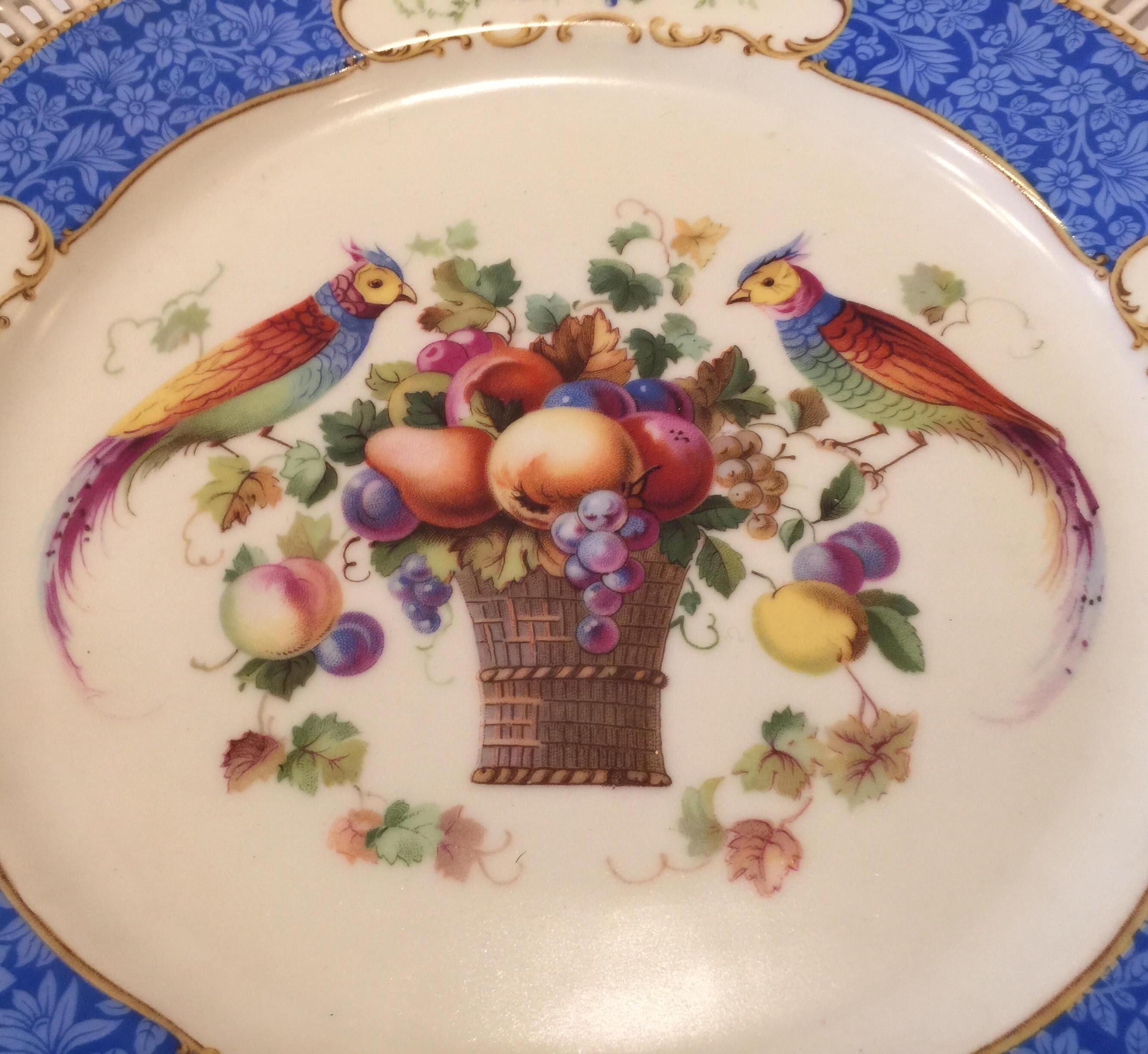 Porcelain Set of Twelve Bavarian Reticulated Dinner/Service with Birds and Flowers Plates