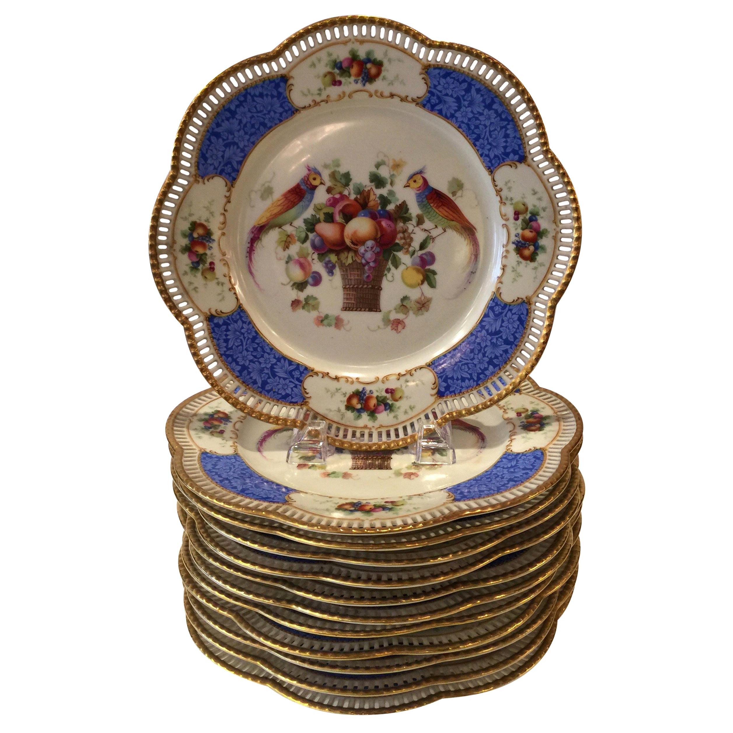 Set of Twelve Bavarian Reticulated Dinner/Service with Birds and Flowers Plates