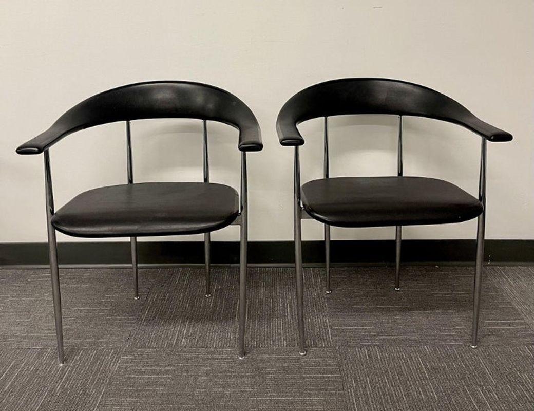 Mid-Century Modern Set of Twelve Black & Chrome Italian Dining, Arm, Side Chairs, 1970s