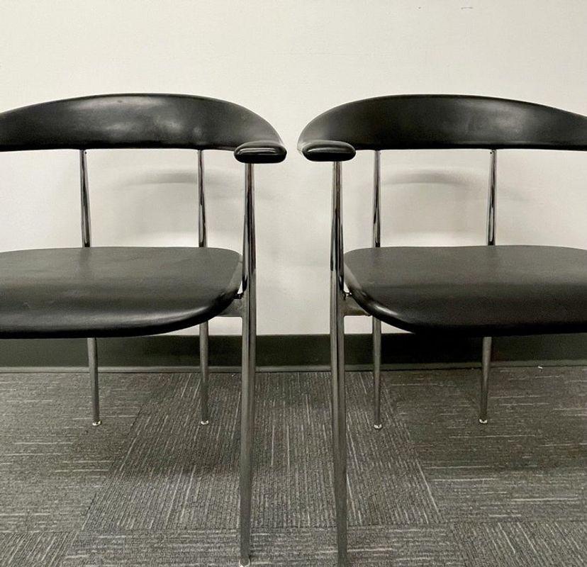 Late 20th Century Set of Twelve Black & Chrome Italian Dining, Arm, Side Chairs, 1970s