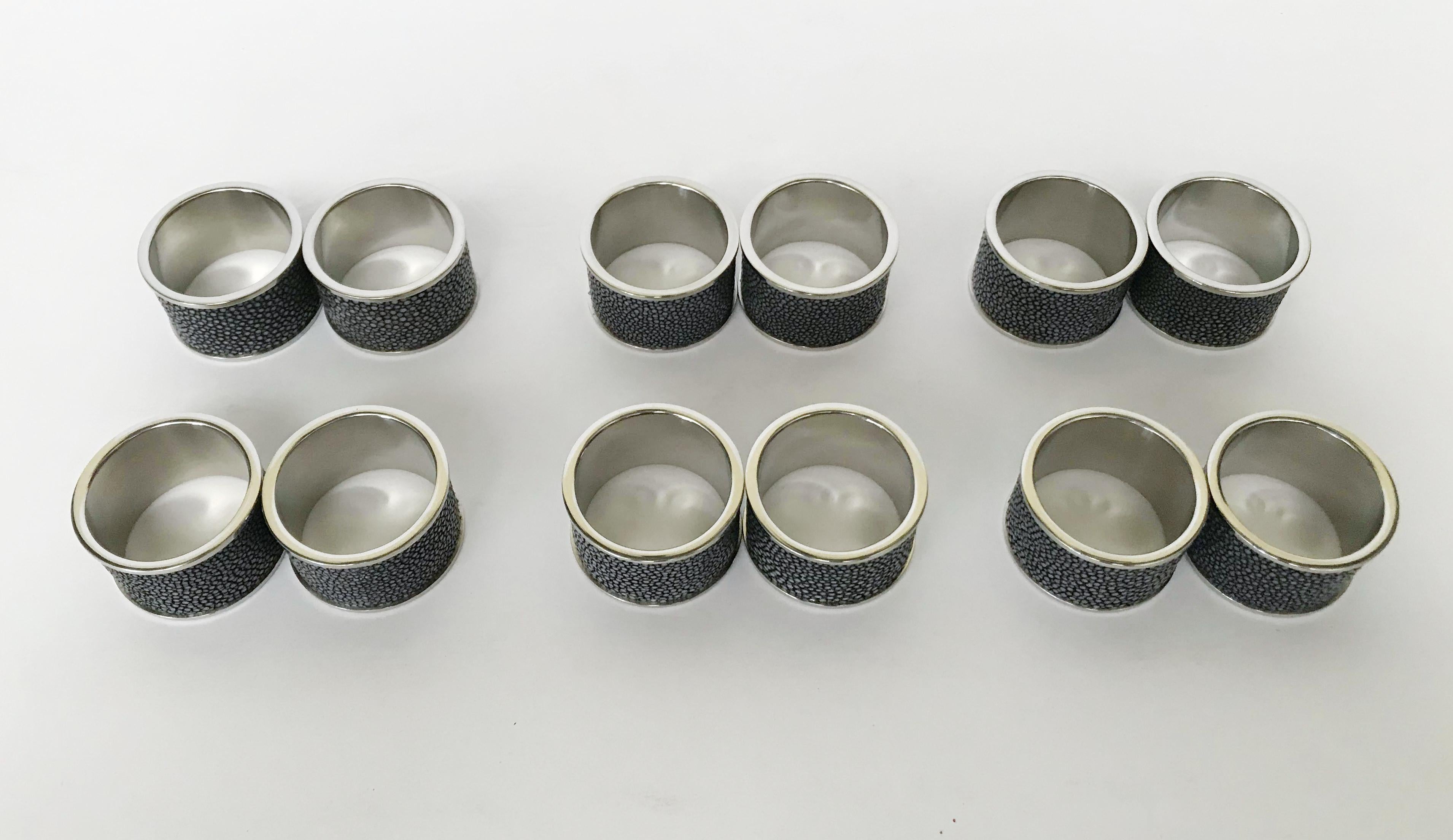 Italian Set of Twelve Black Shagreen Napkin Rings by Fabio Ltd For Sale