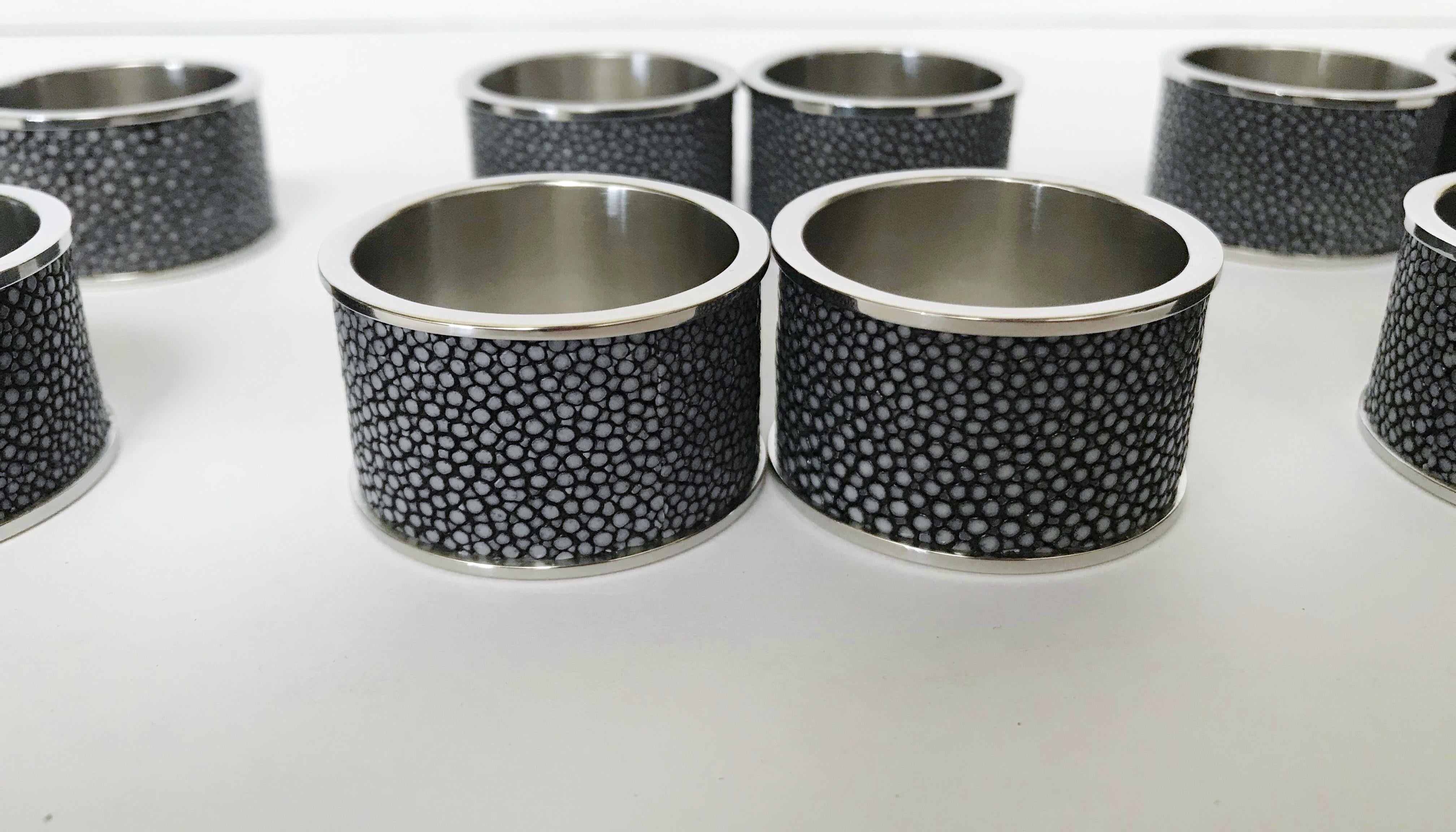 Set of Twelve Black Shagreen Napkin Rings by Fabio Ltd In Excellent Condition For Sale In Los Angeles, CA